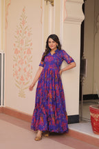 Faux Georgette Printed Gown in Blue | 12 Mtr Flair | Fancy V-Neck Collar | Half Sleeves | Full Stitched