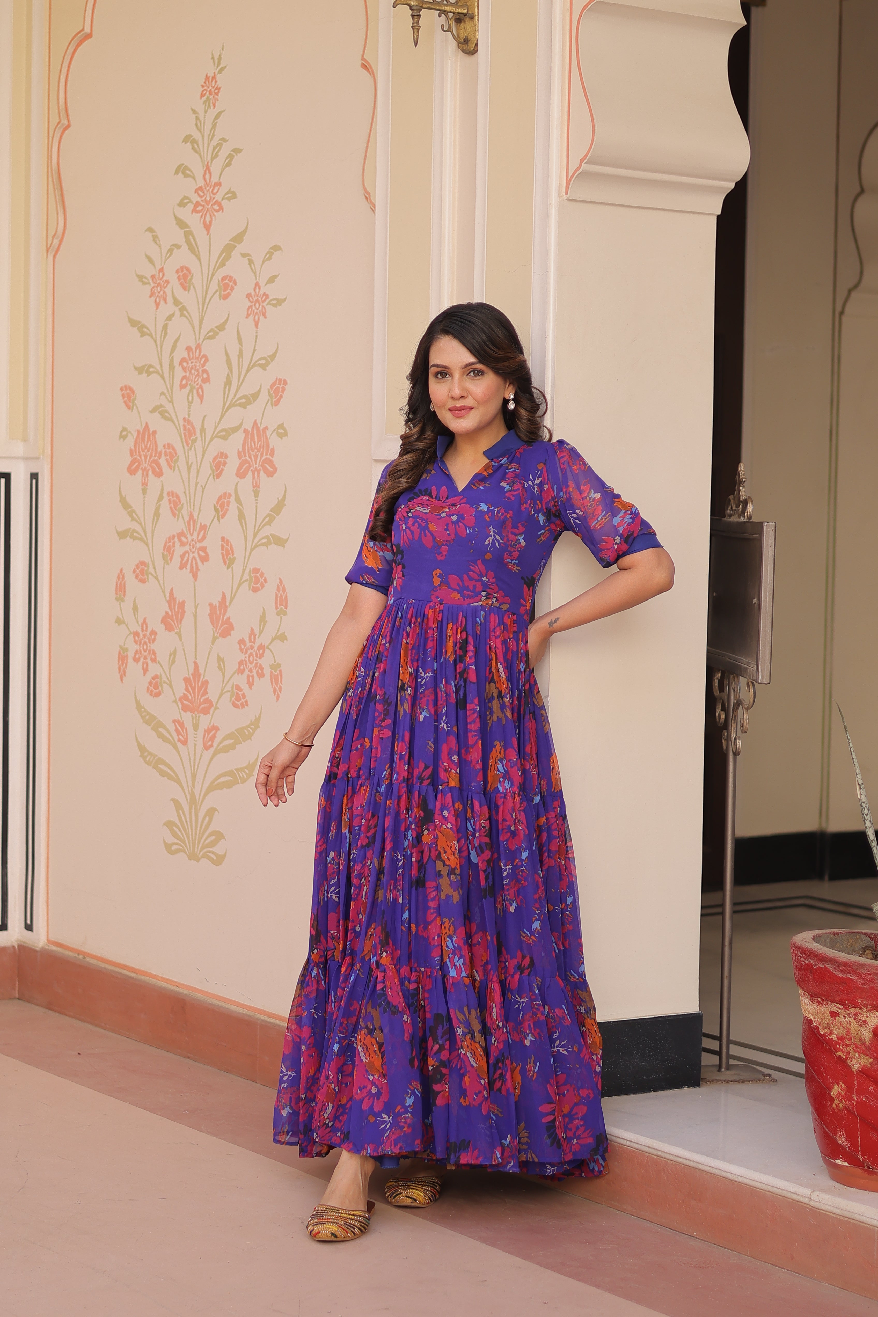 Faux Georgette Printed Gown in Blue | 12 Mtr Flair | Fancy V-Neck Collar | Half Sleeves | Full Stitched
