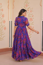 Faux Georgette Printed Gown in Blue | 12 Mtr Flair | Fancy V-Neck Collar | Half Sleeves | Full Stitched
