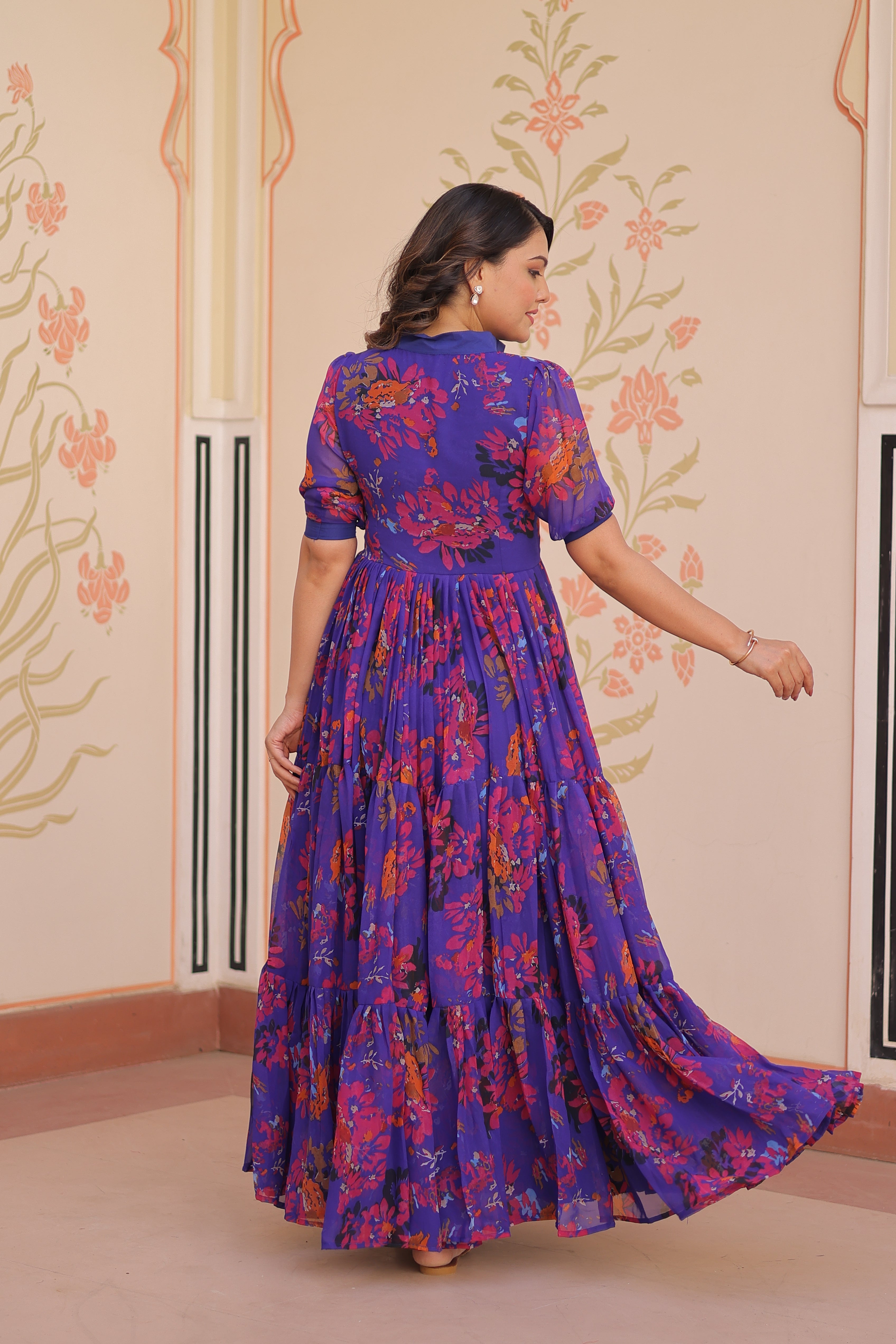 Faux Georgette Printed Gown in Blue | 12 Mtr Flair | Fancy V-Neck Collar | Half Sleeves | Full Stitched