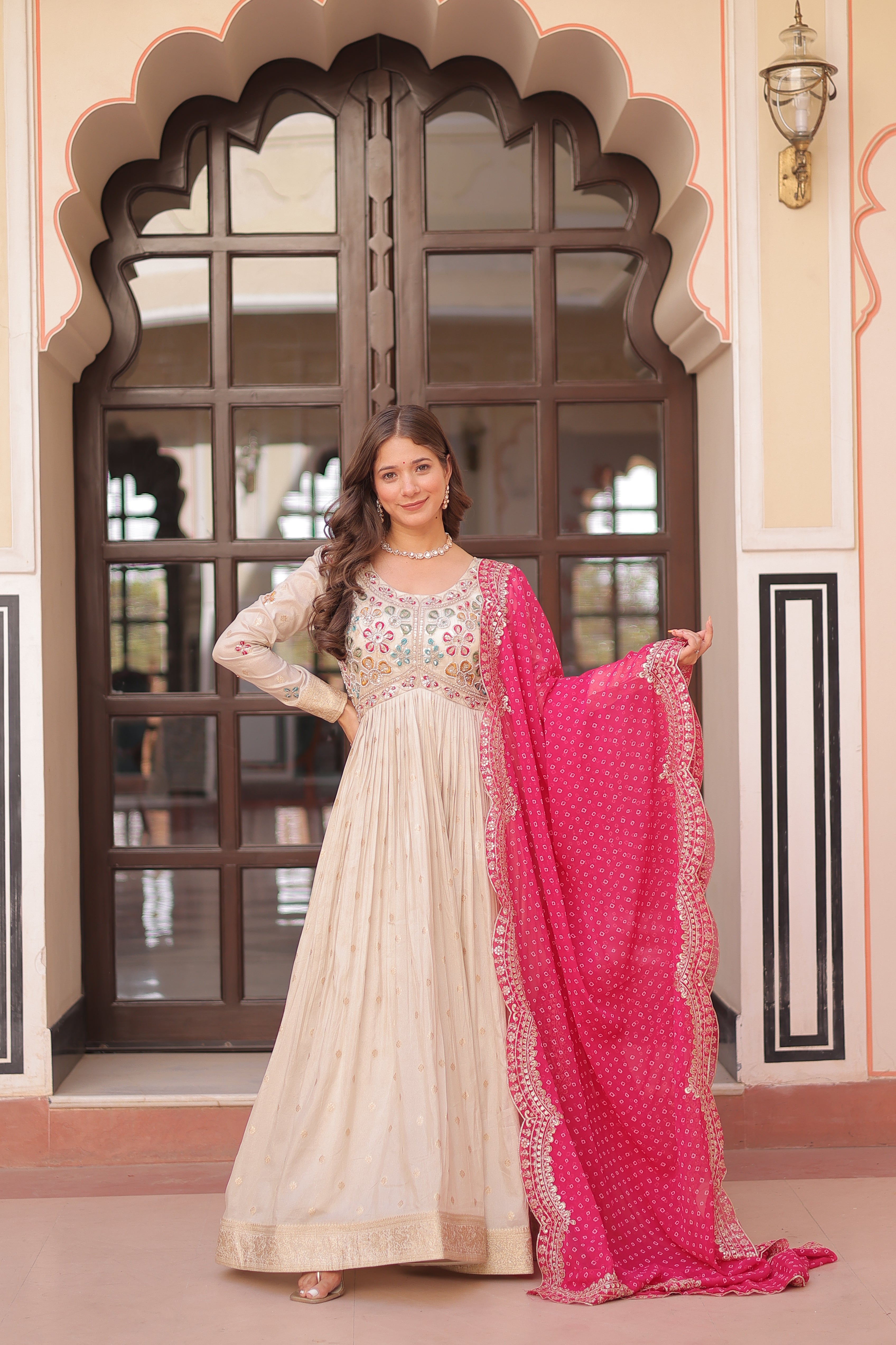 Cosmos Jacquard Pink Gown with Pearl Embroidery & Bandhani Dupatta | Full Stitched | Canvas Finish