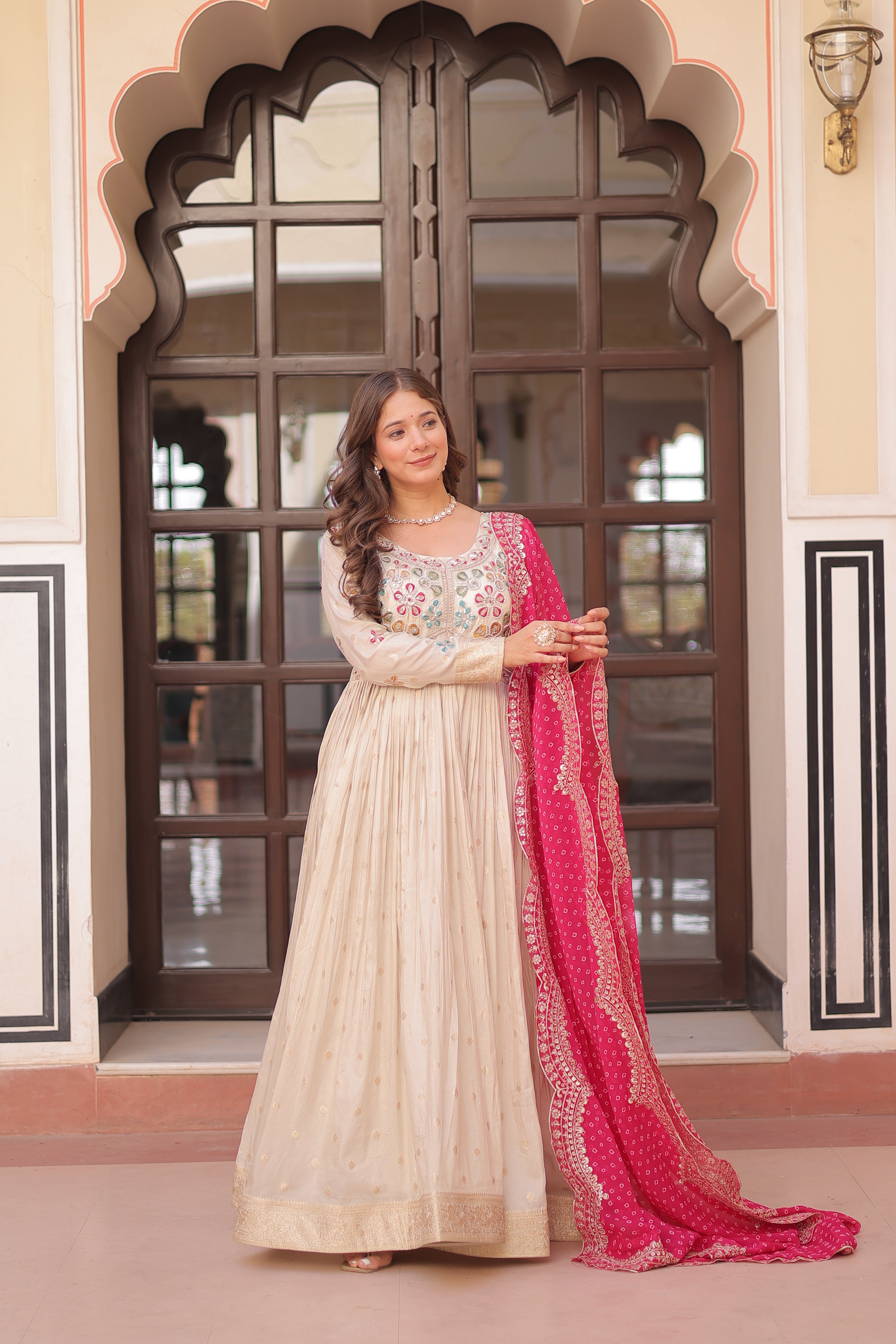 Cosmos Jacquard Pink Gown with Pearl Embroidery & Bandhani Dupatta | Full Stitched | Canvas Finish