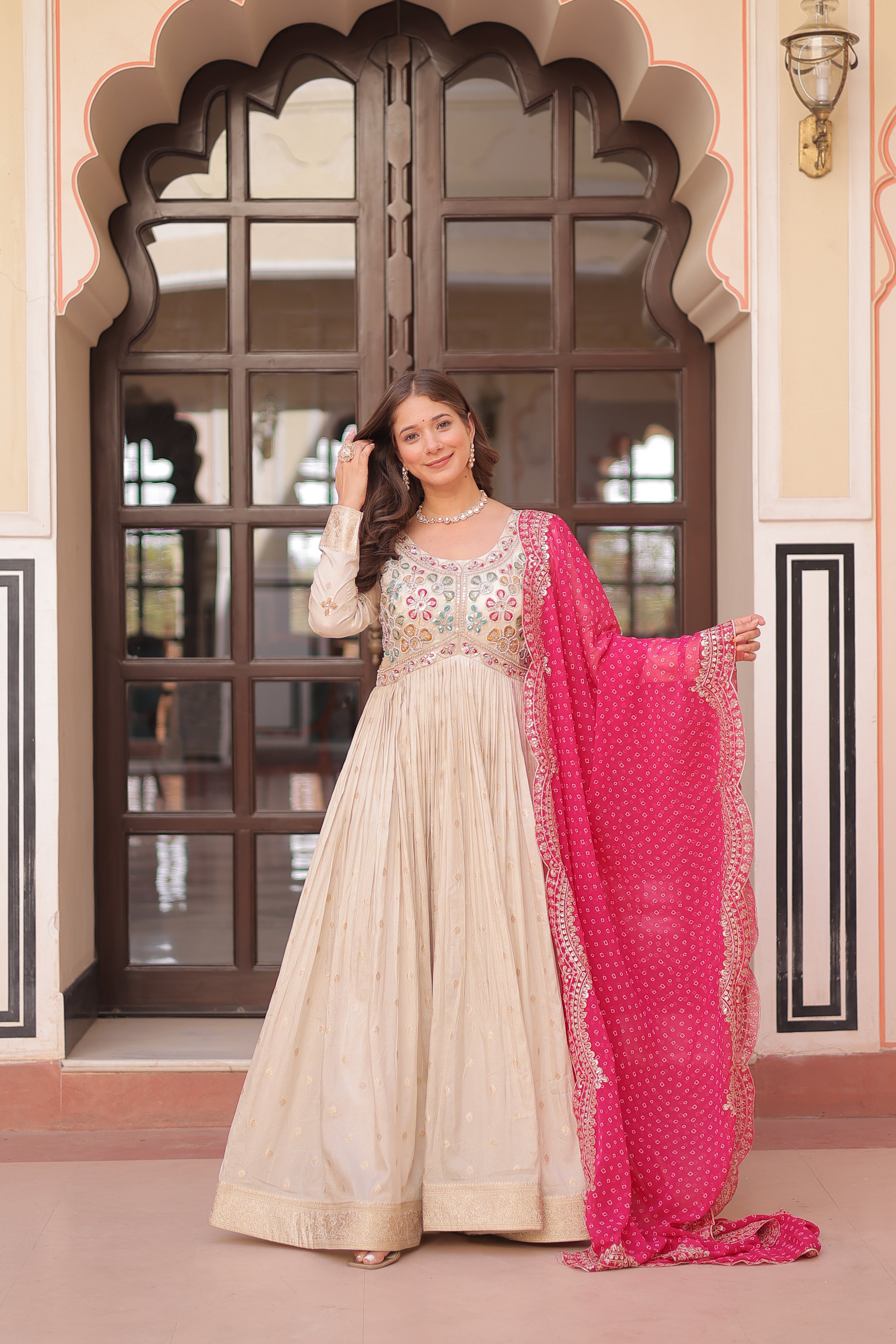 Cosmos Jacquard Pink Gown with Pearl Embroidery & Bandhani Dupatta | Full Stitched | Canvas Finish