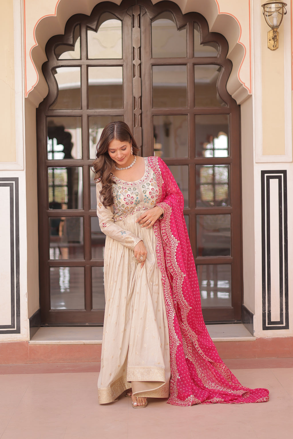 Cosmos Jacquard Pink Gown with Pearl Embroidery & Bandhani Dupatta | Full Stitched | Canvas Finish