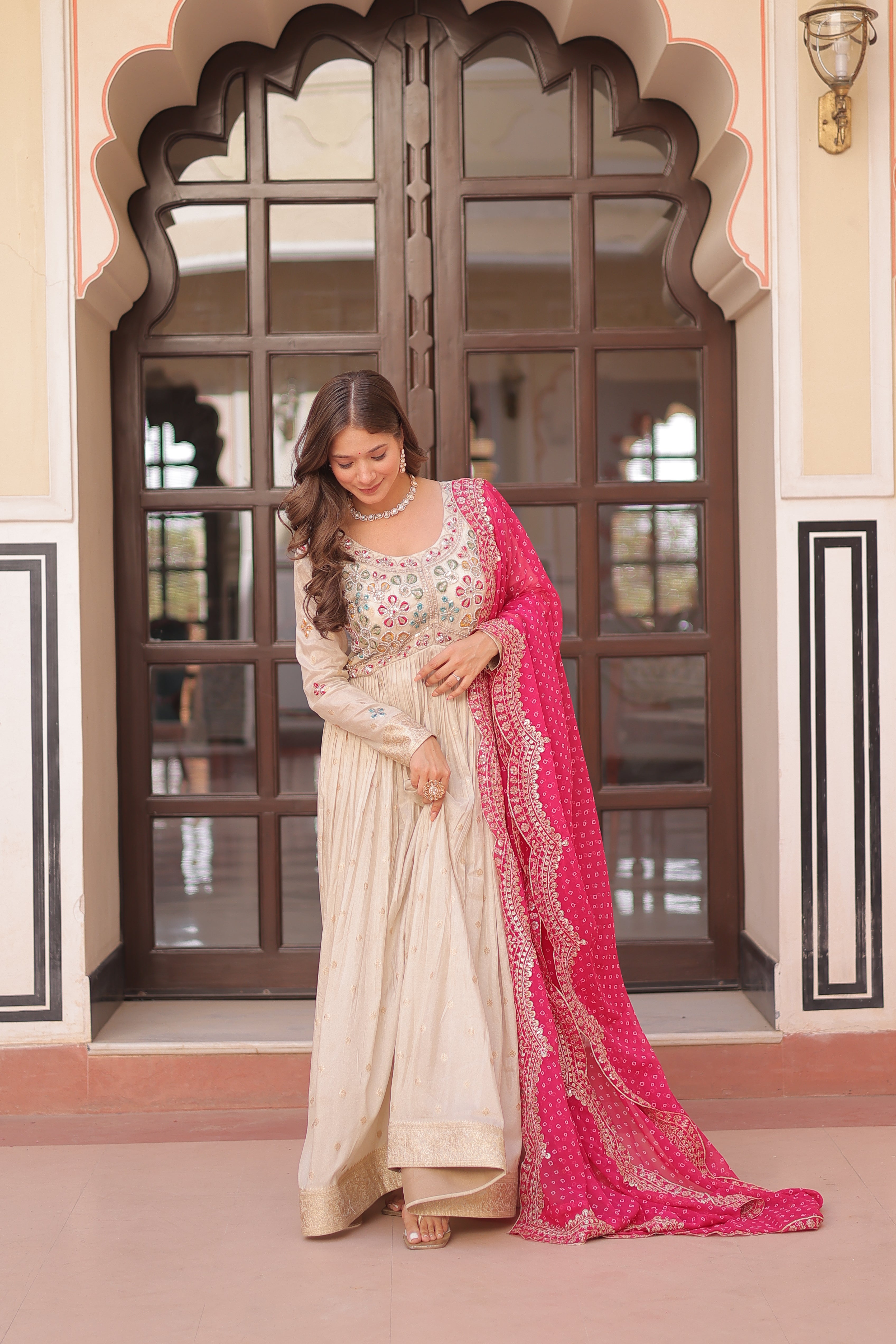 Cosmos Jacquard Pink Gown with Pearl Embroidery & Bandhani Dupatta | Full Stitched | Canvas Finish