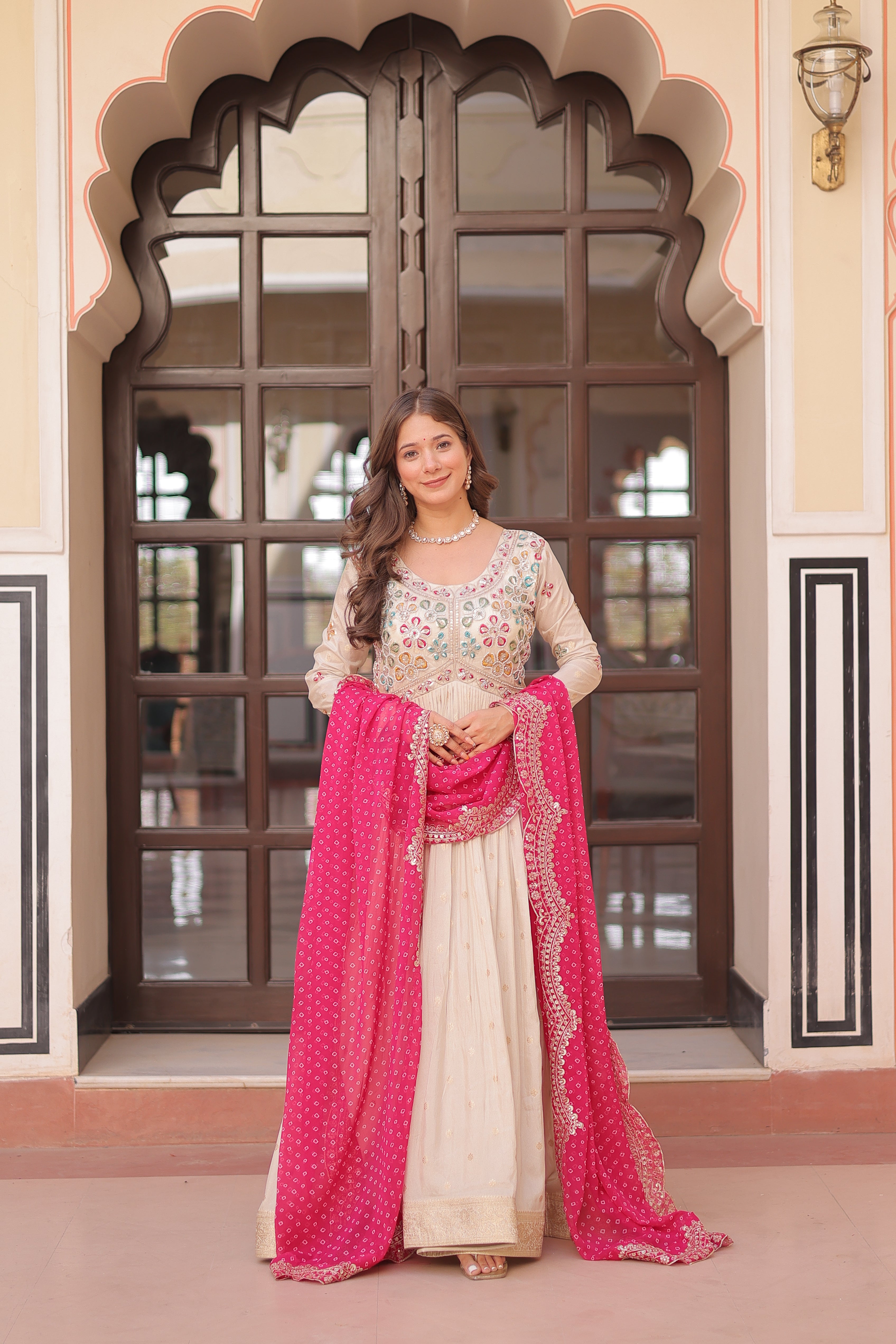 Cosmos Jacquard Pink Gown with Pearl Embroidery & Bandhani Dupatta | Full Stitched | Canvas Finish