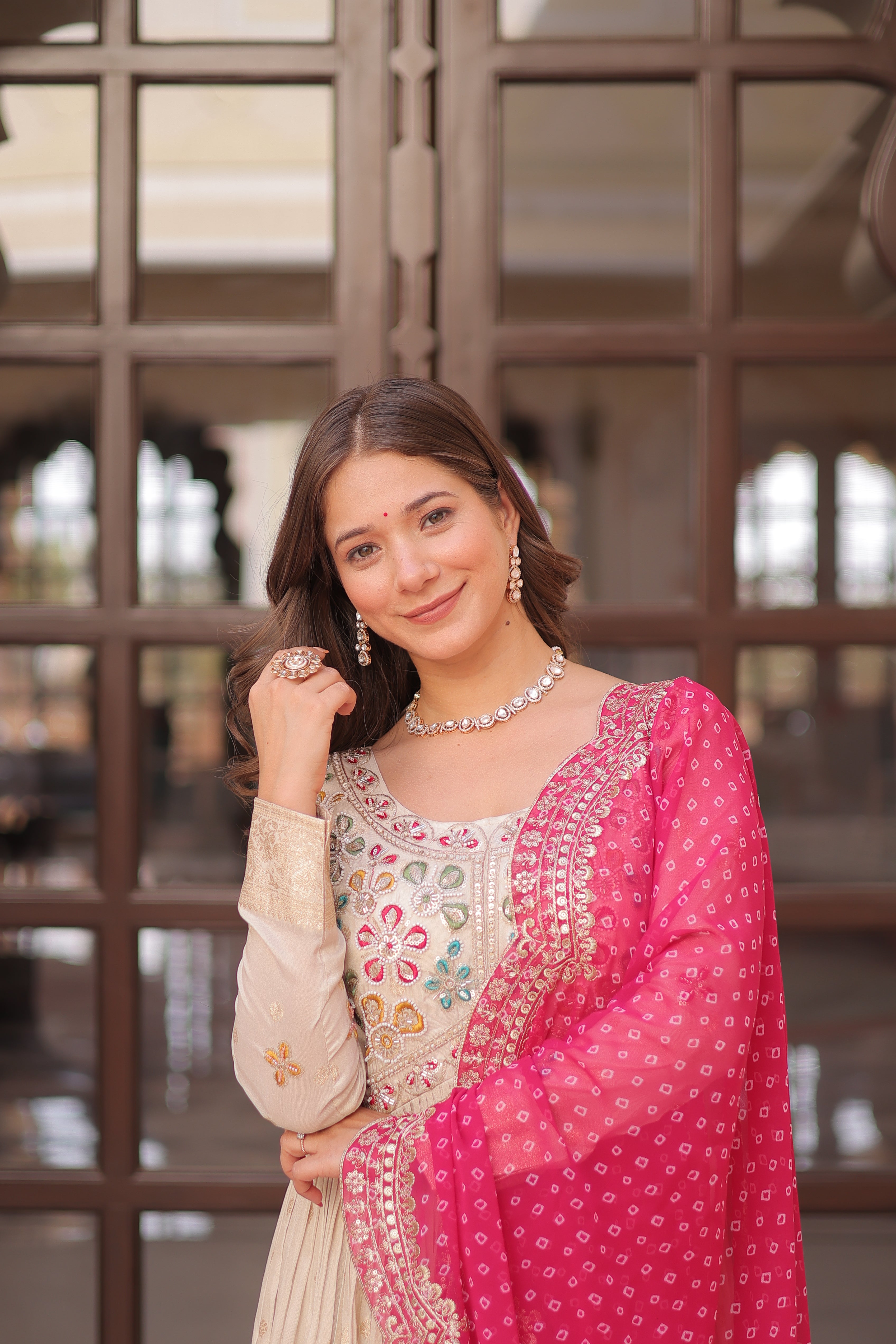 Cosmos Jacquard Pink Gown with Pearl Embroidery & Bandhani Dupatta | Full Stitched | Canvas Finish