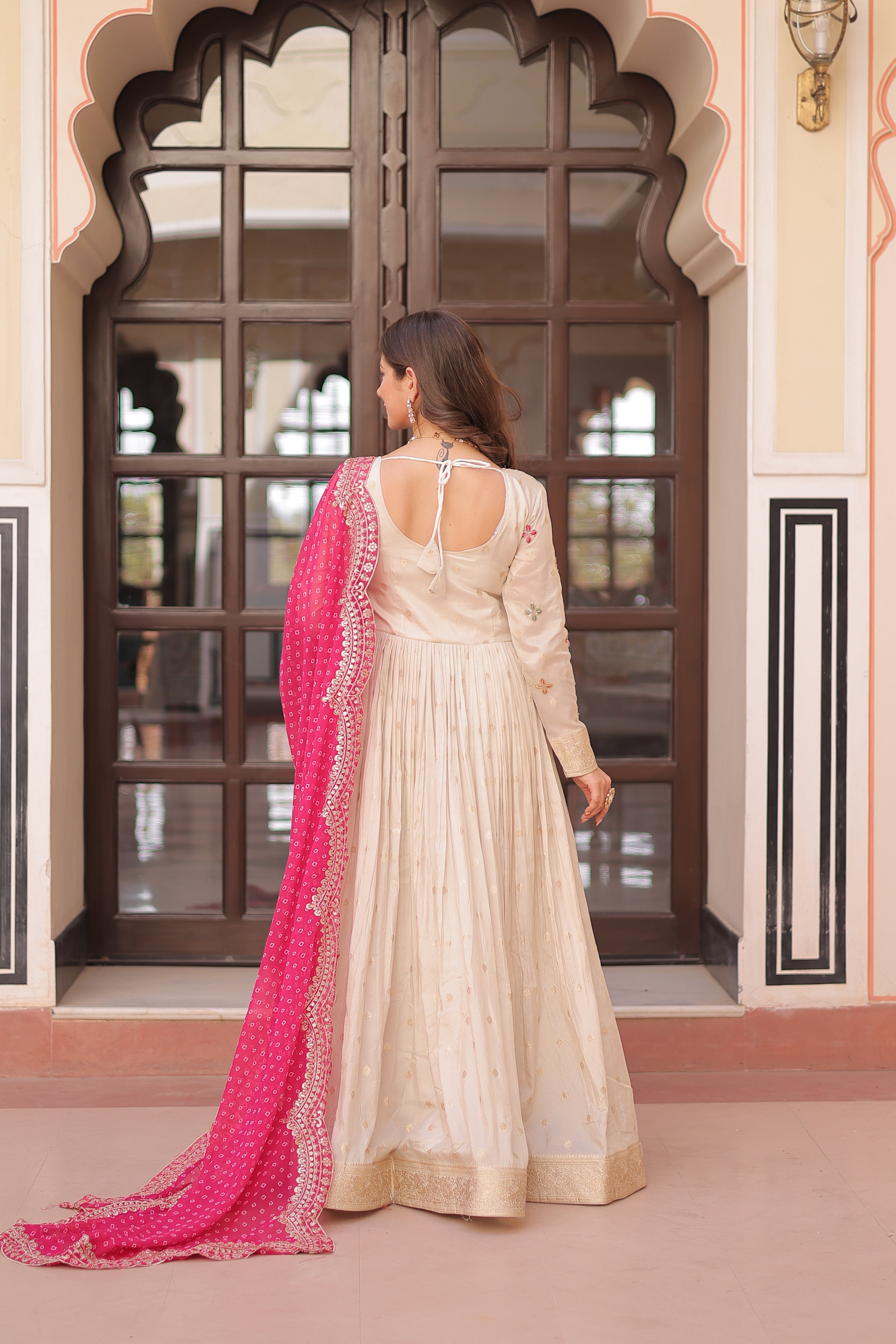 Cosmos Jacquard Pink Gown with Pearl Embroidery & Bandhani Dupatta | Full Stitched | Canvas Finish
