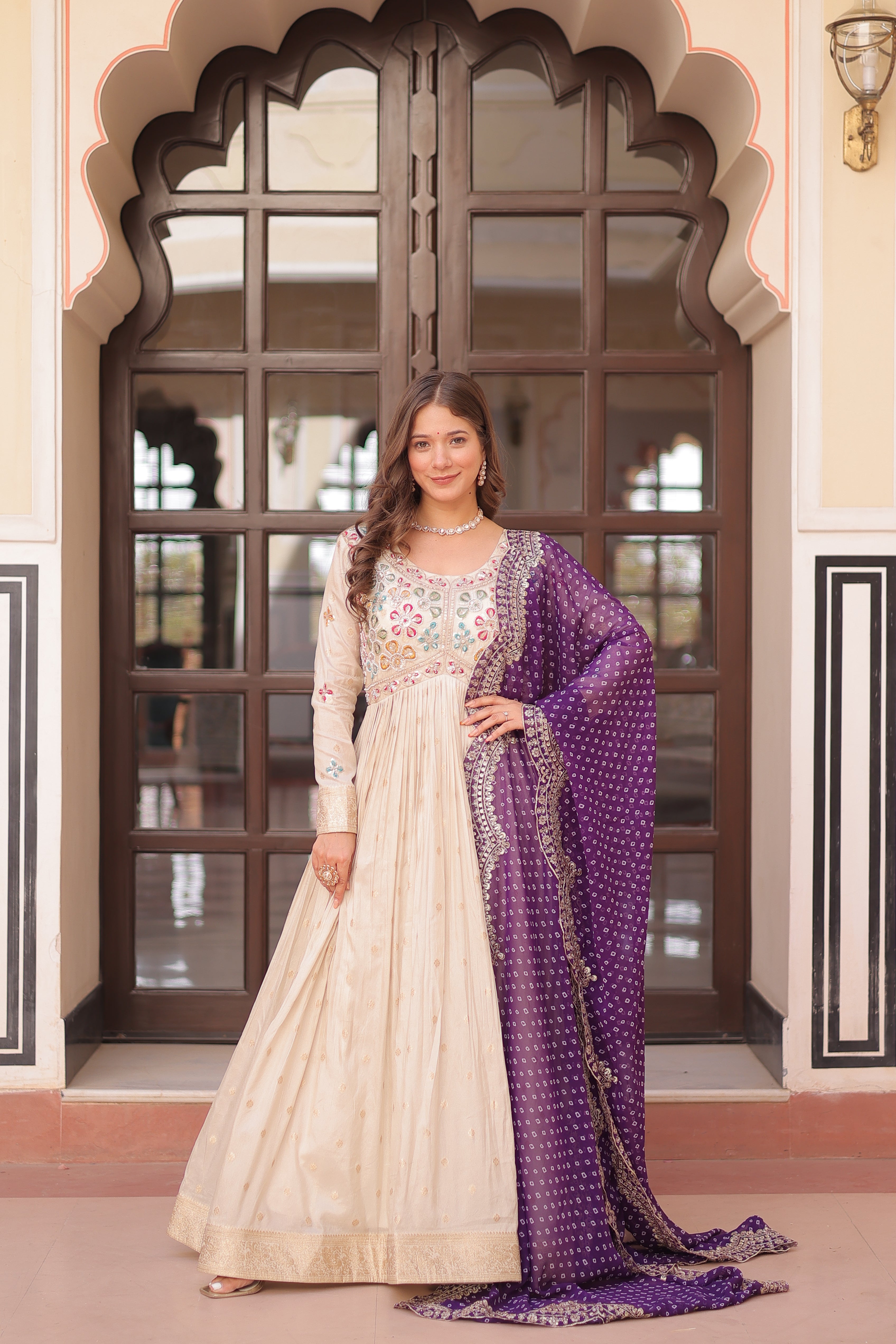 Cosmos Jacquard Purple Gown with Pearl Embroidery & Bandhani Dupatta | Full Stitched | Canvas Finish