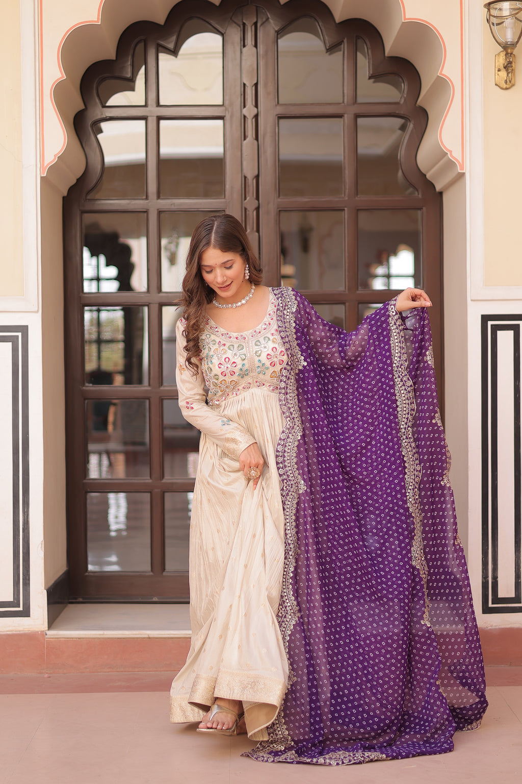 Cosmos Jacquard Purple Gown with Pearl Embroidery & Bandhani Dupatta | Full Stitched | Canvas Finish