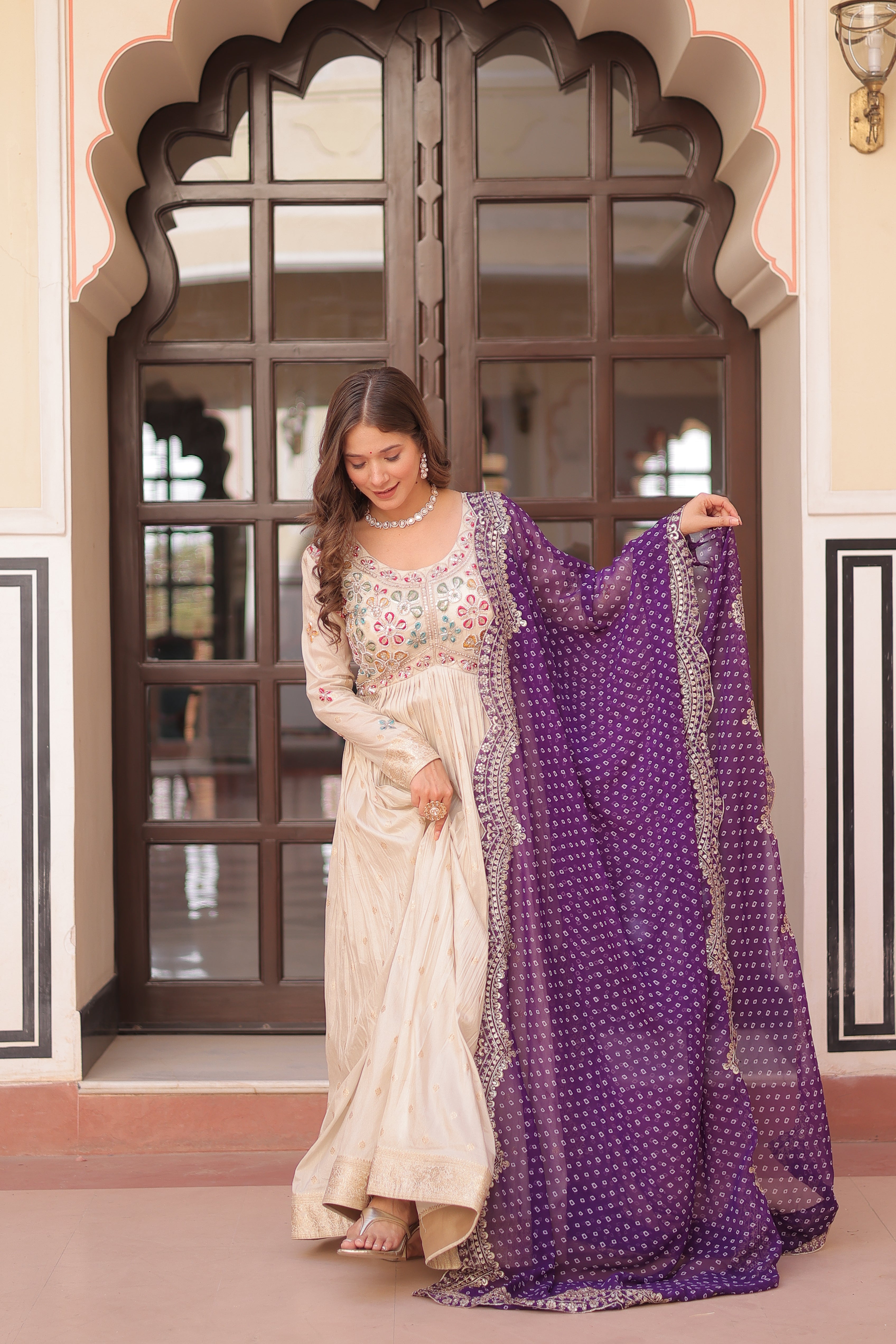 Cosmos Jacquard Purple Gown with Pearl Embroidery & Bandhani Dupatta | Full Stitched | Canvas Finish
