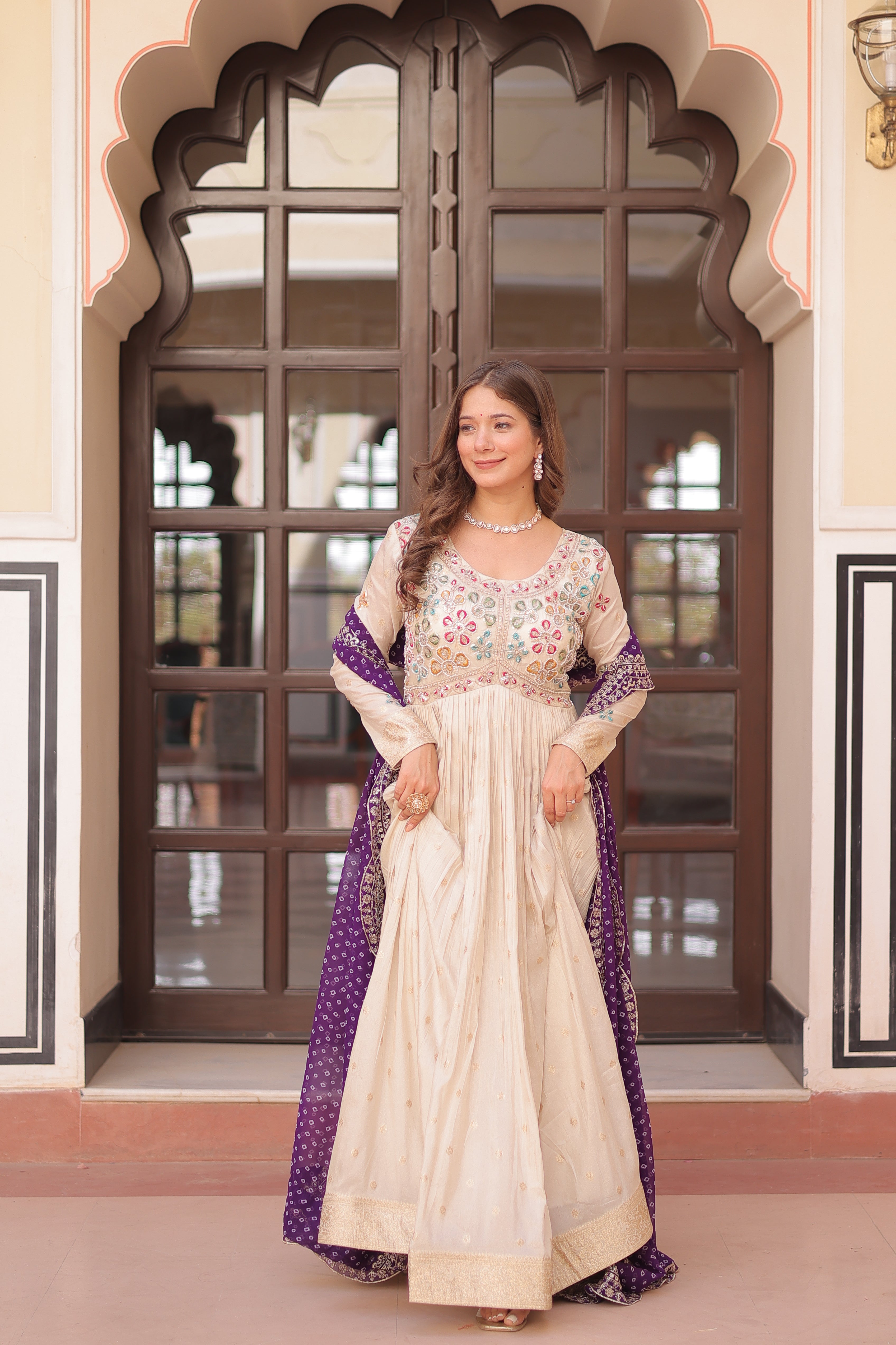 Cosmos Jacquard Purple Gown with Pearl Embroidery & Bandhani Dupatta | Full Stitched | Canvas Finish