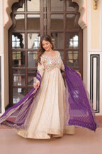 Cosmos Jacquard Purple Gown with Pearl Embroidery & Bandhani Dupatta | Full Stitched | Canvas Finish