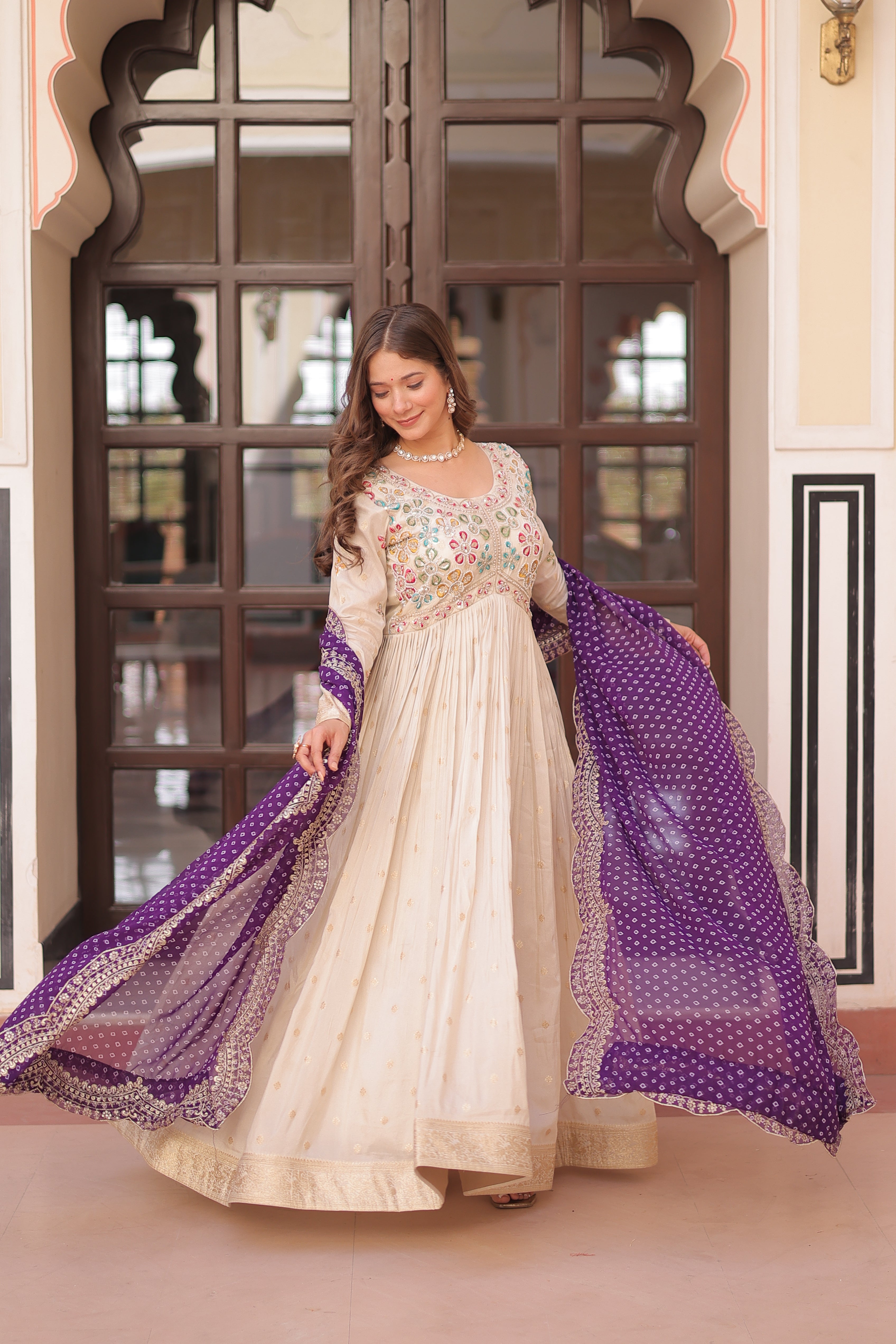 Cosmos Jacquard Purple Gown with Pearl Embroidery & Bandhani Dupatta | Full Stitched | Canvas Finish
