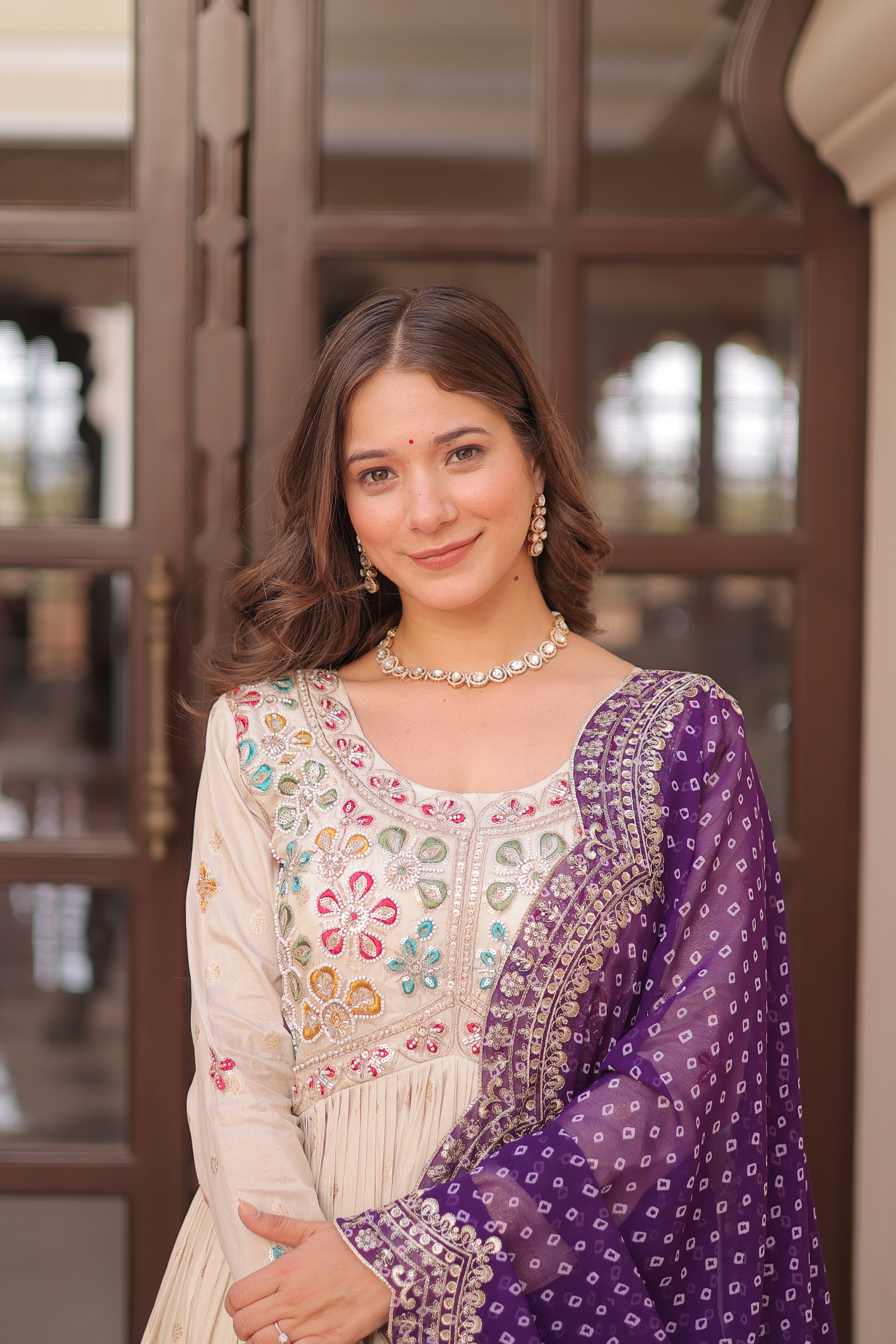 Cosmos Jacquard Purple Gown with Pearl Embroidery & Bandhani Dupatta | Full Stitched | Canvas Finish