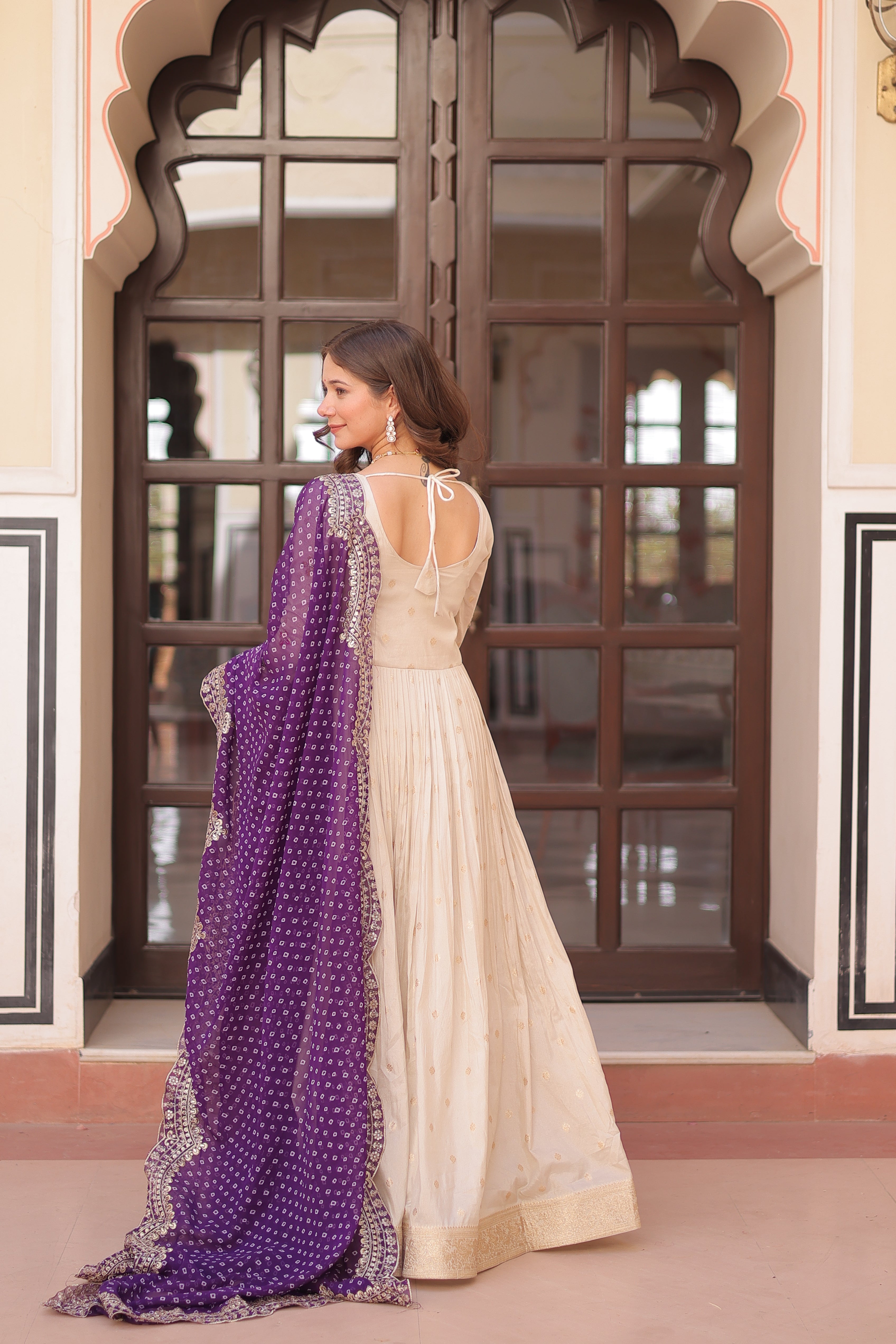 Cosmos Jacquard Purple Gown with Pearl Embroidery & Bandhani Dupatta | Full Stitched | Canvas Finish