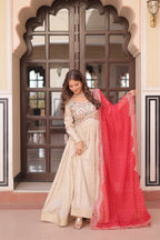 Cosmos Jacquard Red Gown with Pearl Embroidery & Bandhani Dupatta | Full Stitched | Canvas Finish