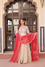 Cosmos Jacquard Red Gown with Pearl Embroidery & Bandhani Dupatta | Full Stitched | Canvas Finish