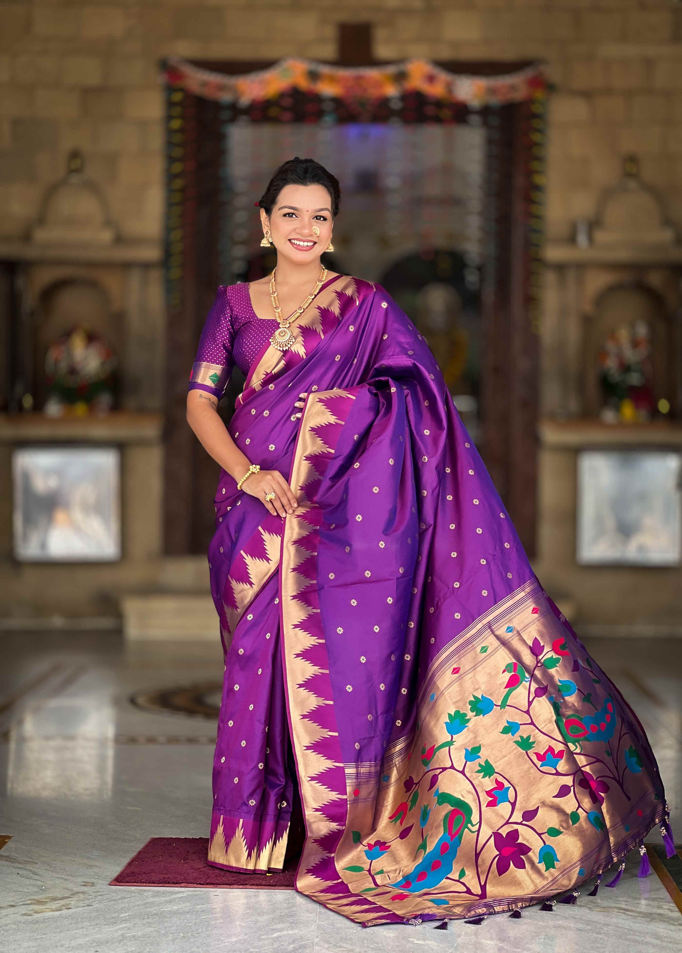 Magenta Paithani Silk Saree with Meenakari Rich Pallu & Temple Weaving Border