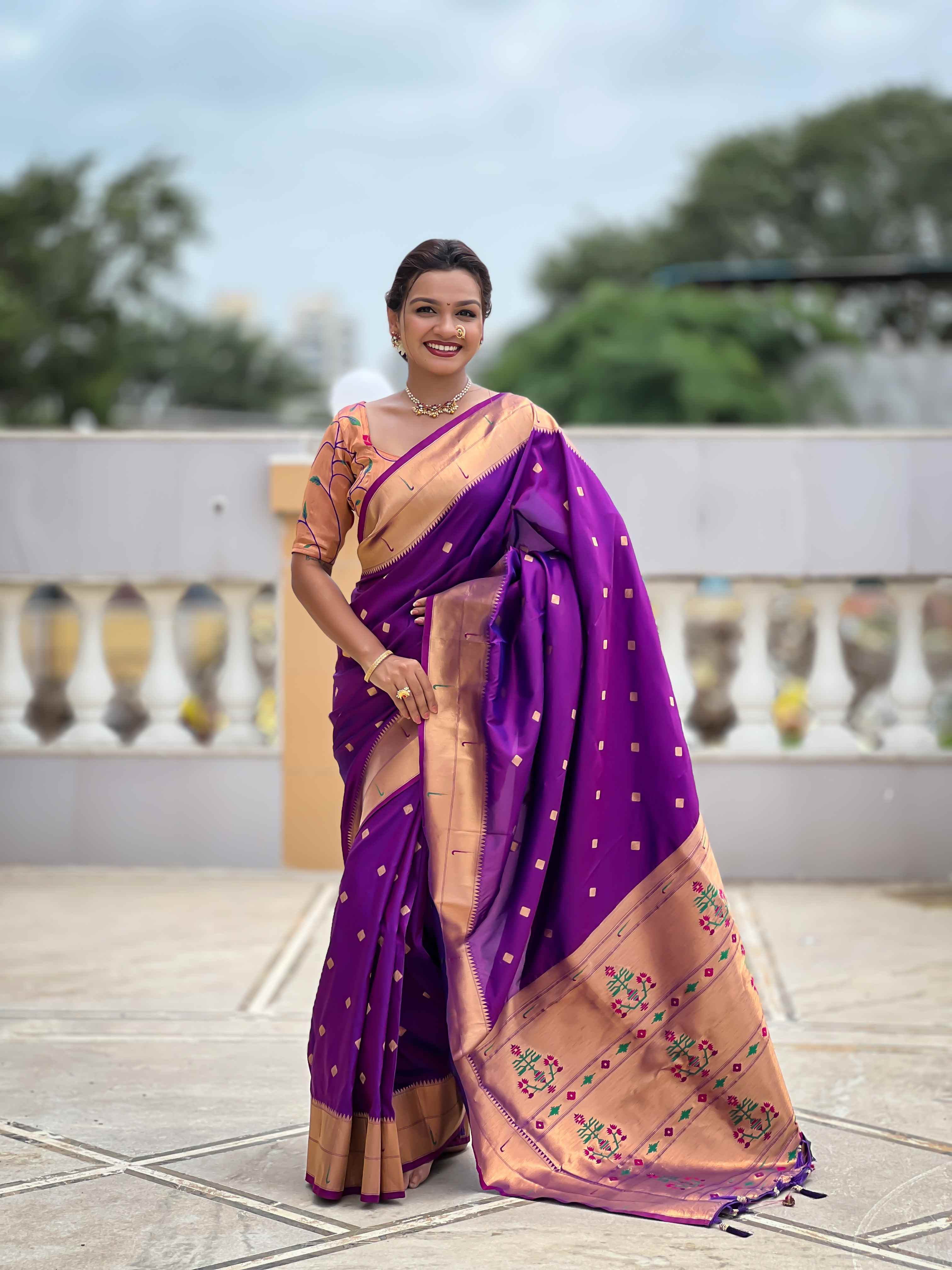Purple Paithani Silk Saree with Zari Weaving, Meenakari Pallu & Double Munia Border
