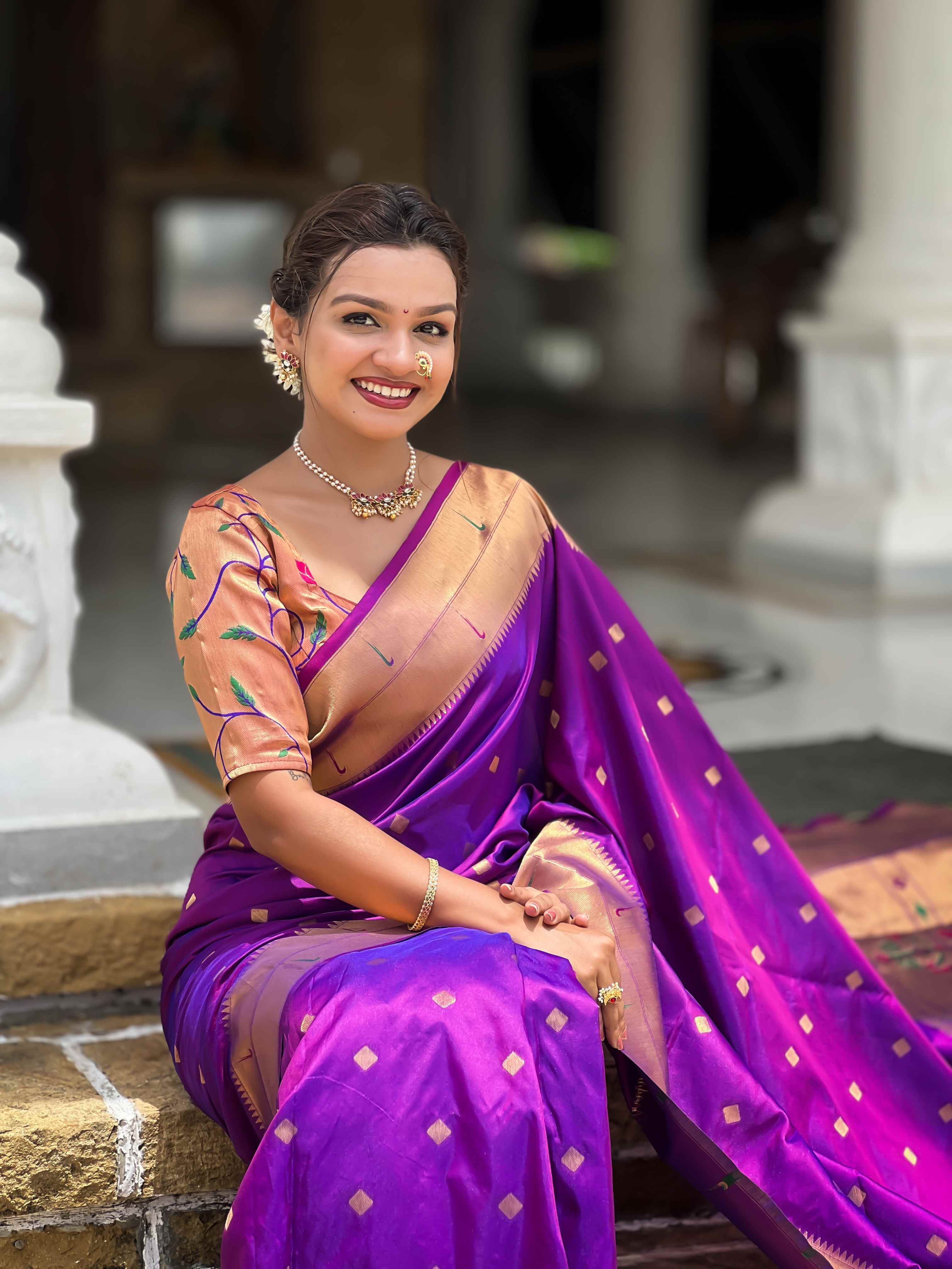 Purple Paithani Silk Saree with Zari Weaving, Meenakari Pallu & Double Munia Border