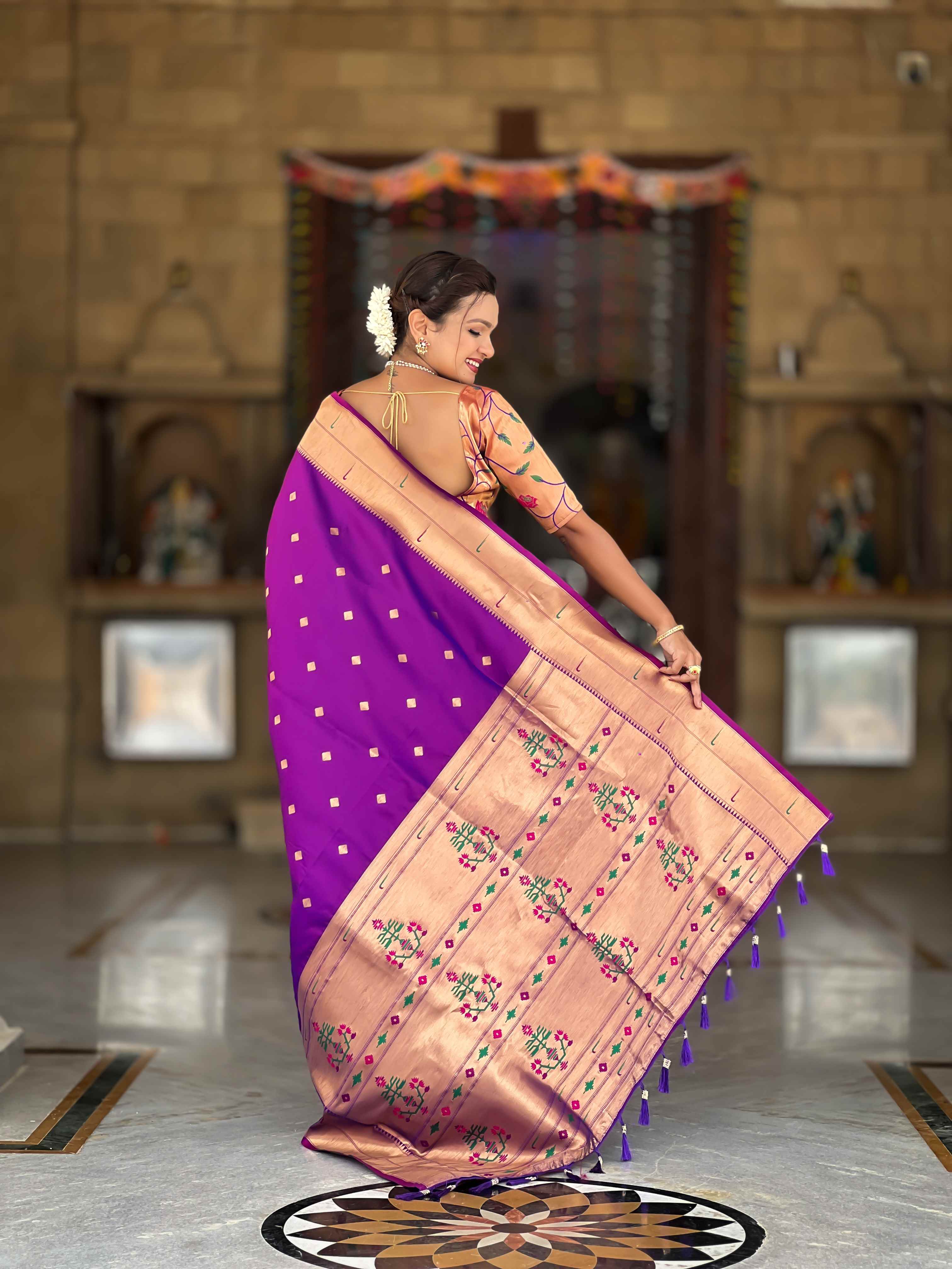 Purple Paithani Silk Saree with Zari Weaving, Meenakari Pallu & Double Munia Border
