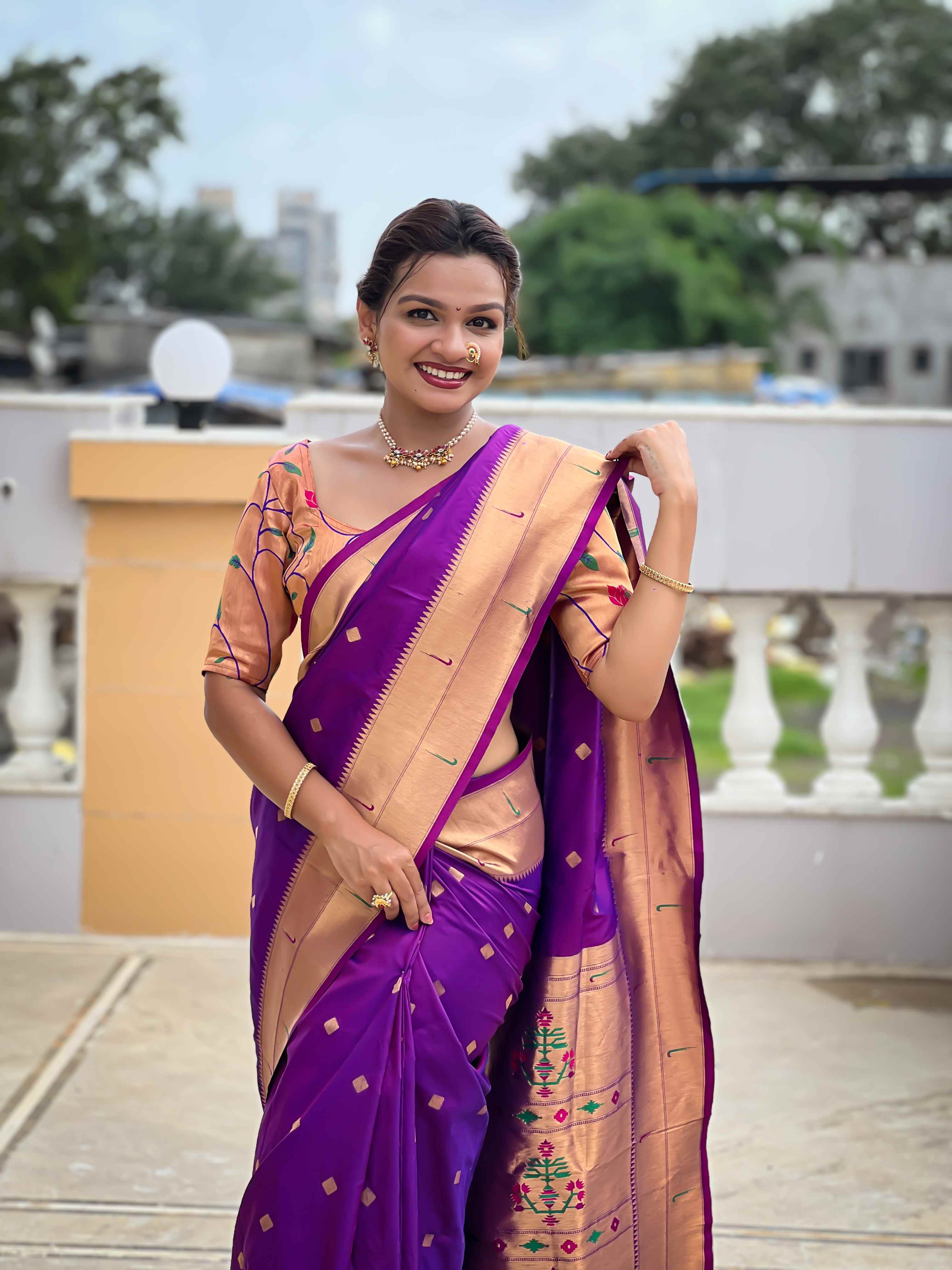 Elegant Paithani Silk Saree Featuring Zari Weaving, Meenakari Pallu & Double Munia Border