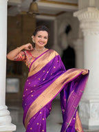 Purple Paithani Silk Saree with Zari Weaving, Meenakari Pallu & Double Munia Border