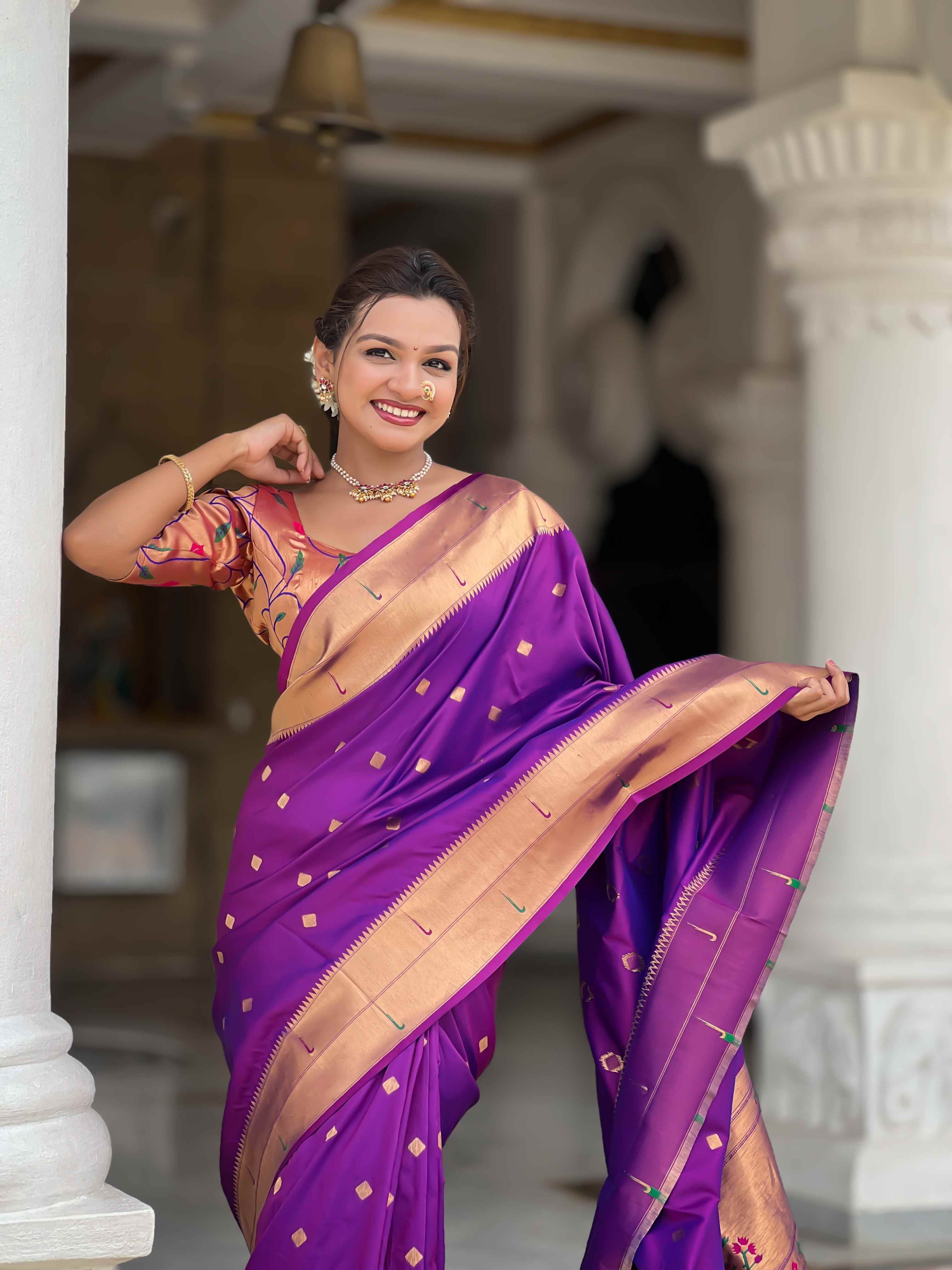 Purple Paithani Silk Saree with Zari Weaving, Meenakari Pallu & Double Munia Border