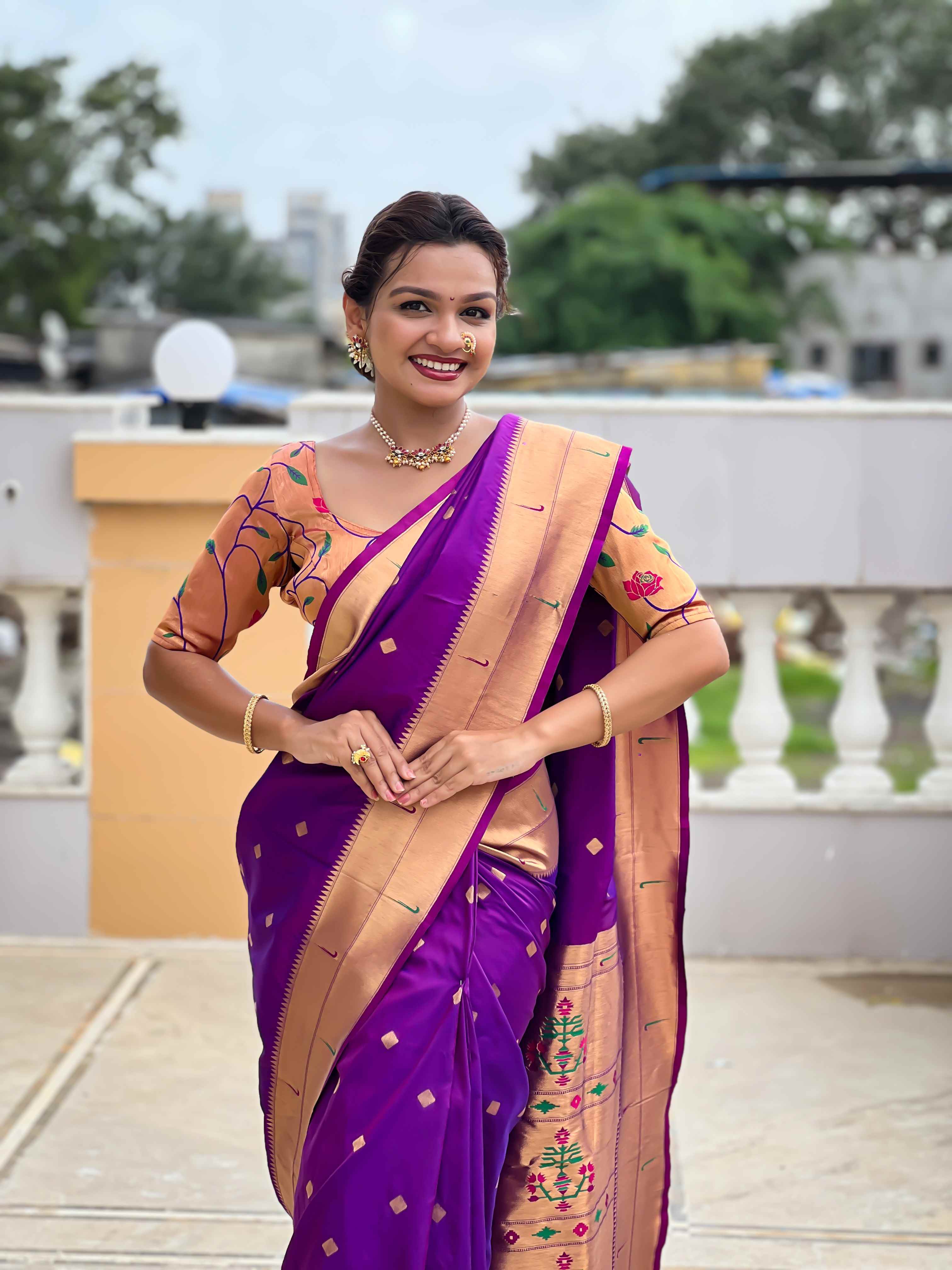 Purple Paithani Silk Saree with Zari Weaving, Meenakari Pallu & Double Munia Border