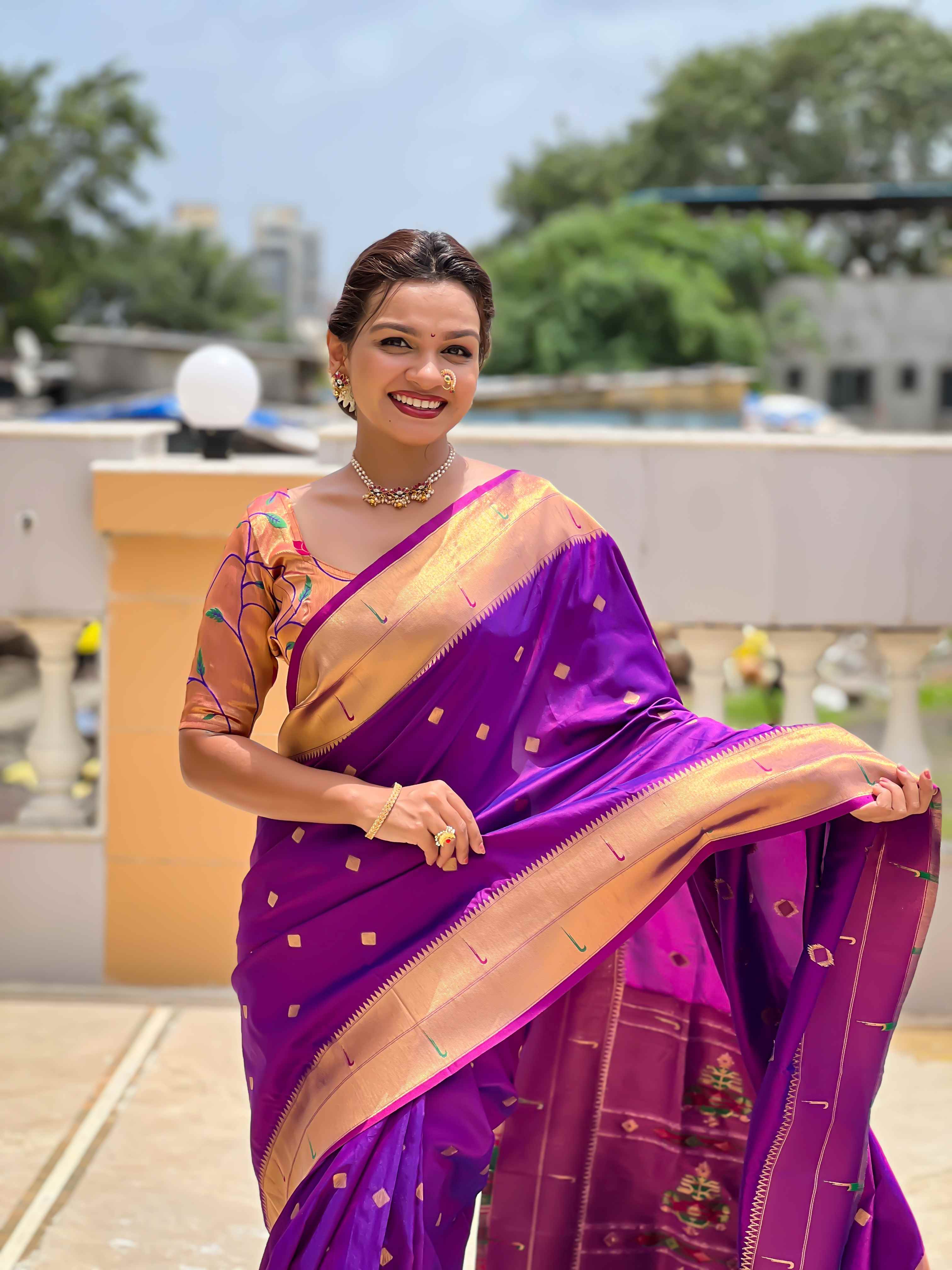 Purple Paithani Silk Saree with Zari Weaving, Meenakari Pallu & Double Munia Border