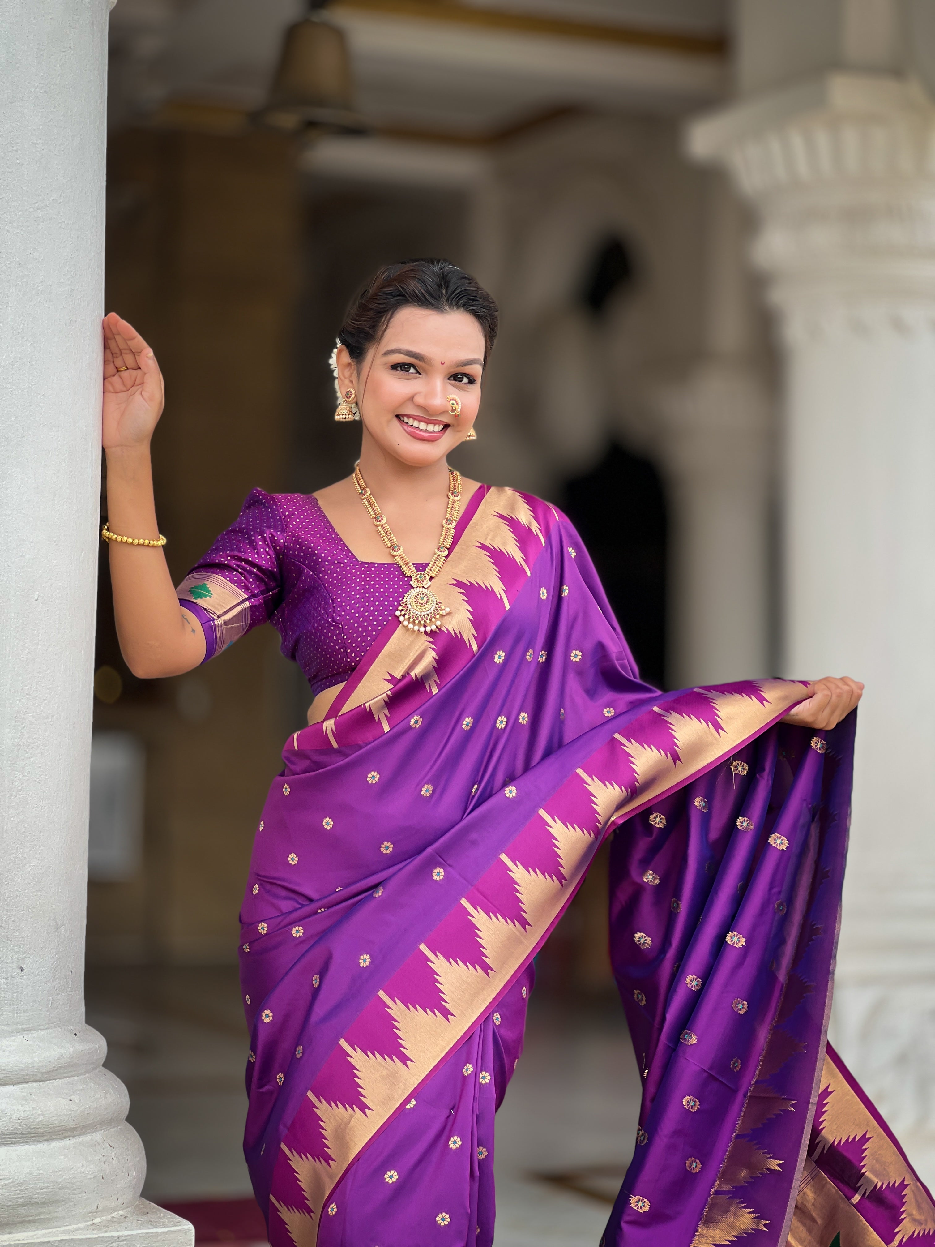 Magenta Paithani Silk Saree with Meenakari Rich Pallu & Temple Weaving Border