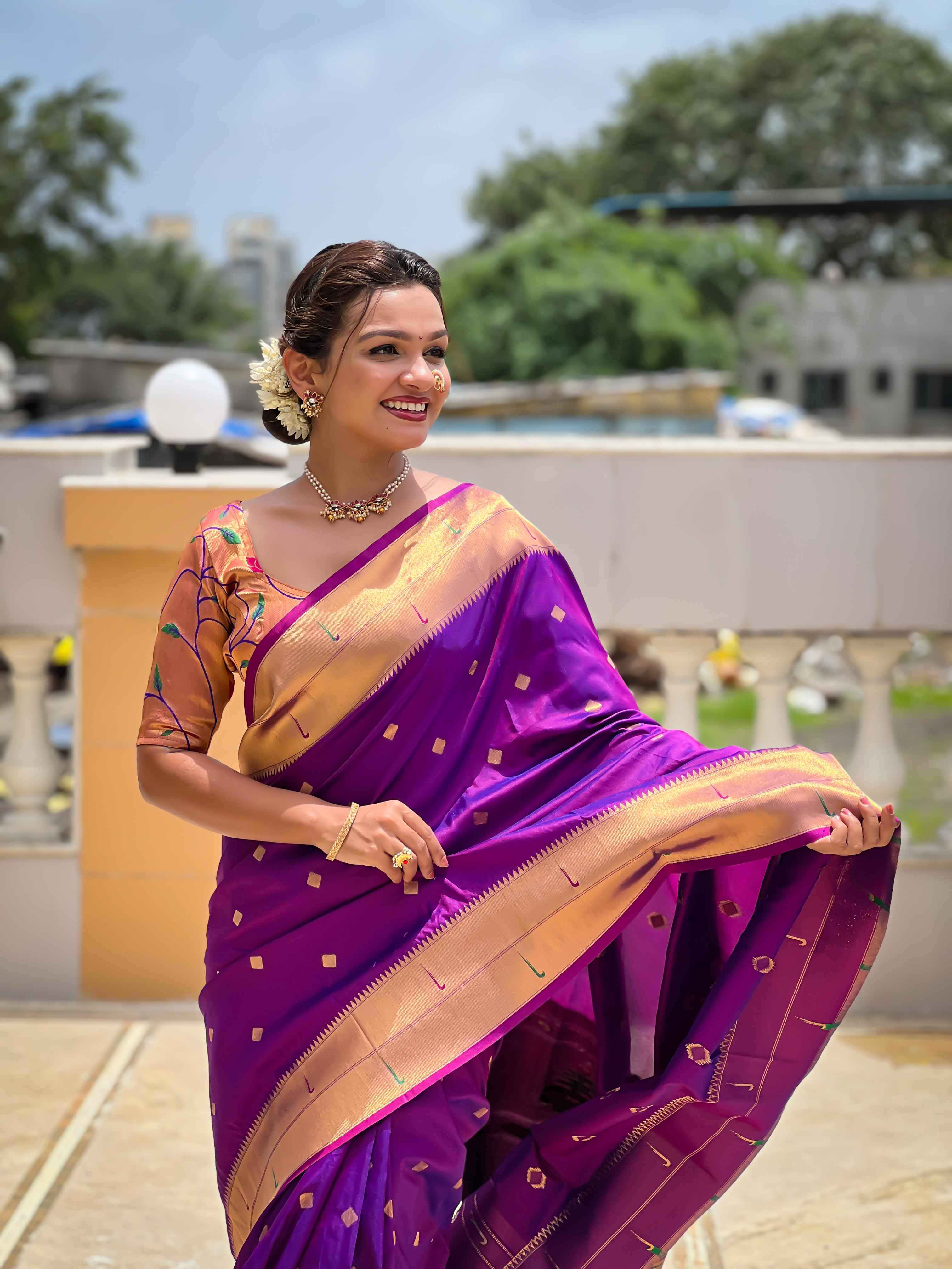 Purple Paithani Silk Saree with Zari Weaving, Meenakari Pallu & Double Munia Border