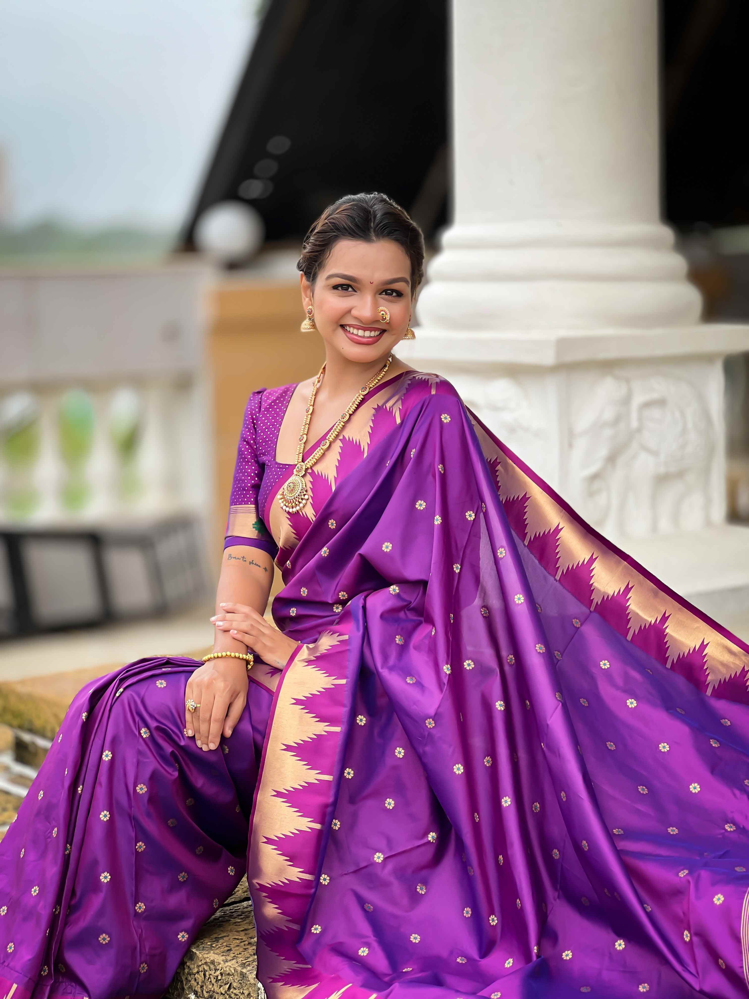 Magenta Paithani Silk Saree with Meenakari Rich Pallu & Temple Weaving Border