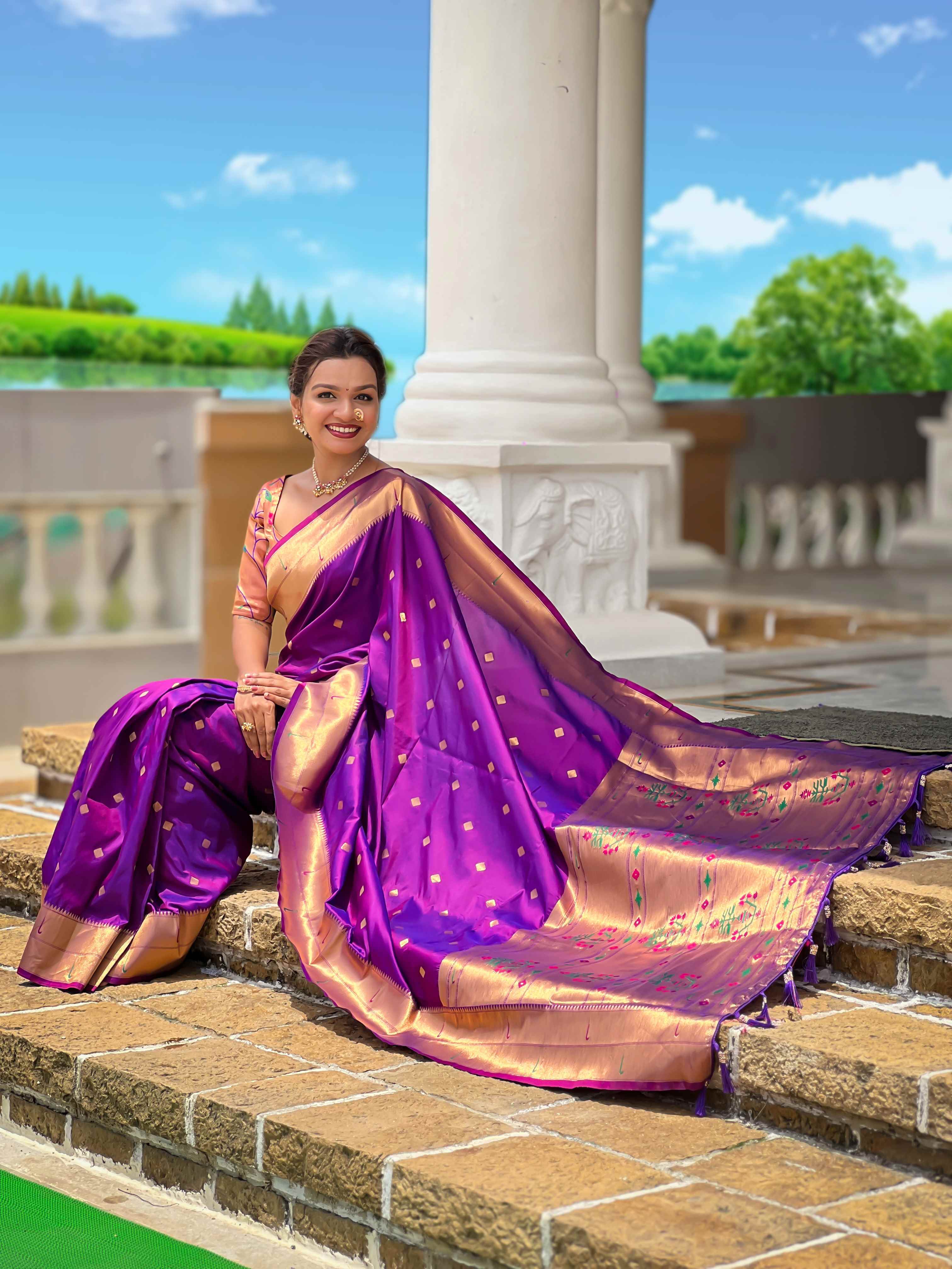 Purple Paithani Silk Saree with Zari Weaving, Meenakari Pallu & Double Munia Border