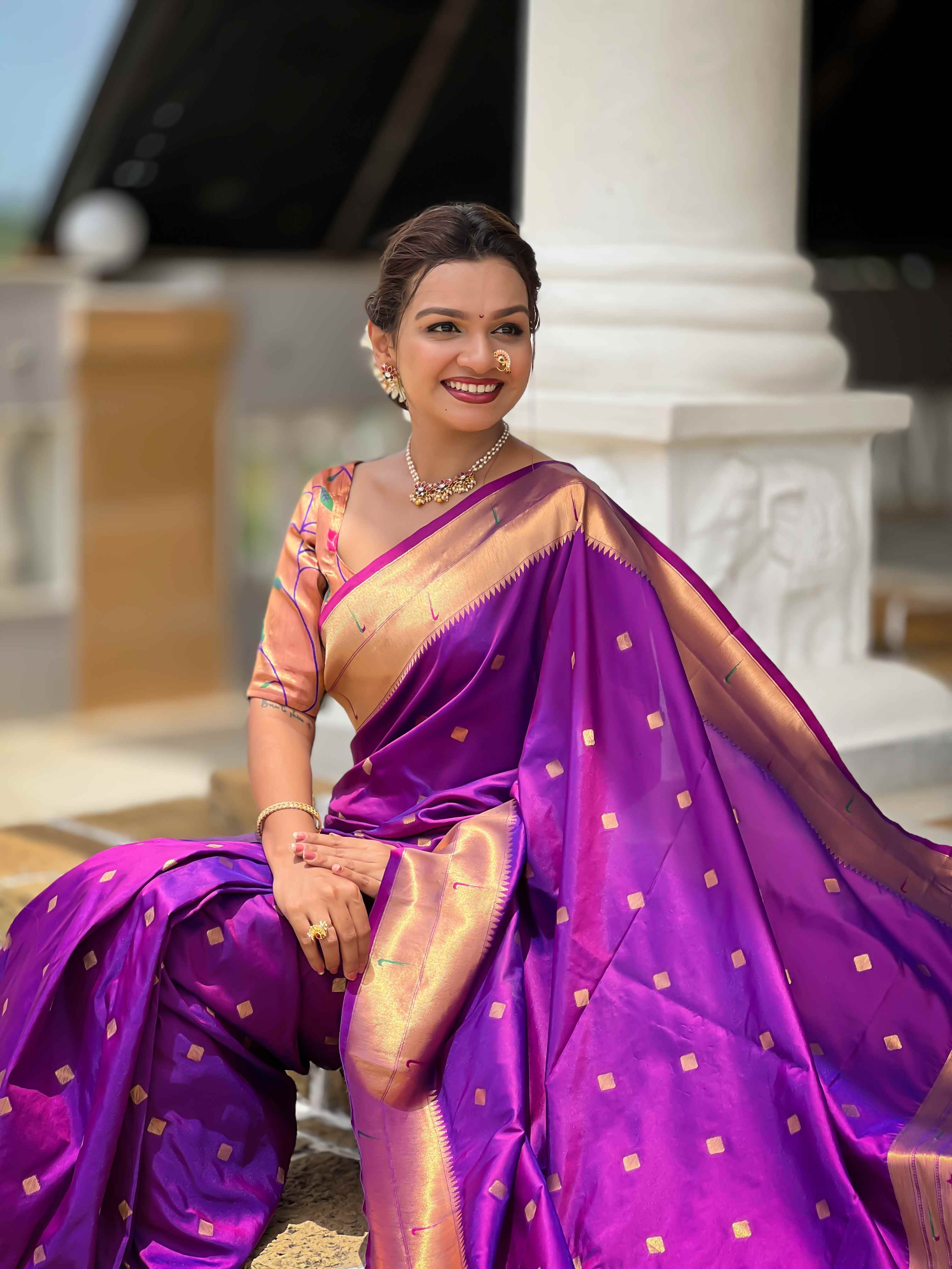 Purple Paithani Silk Saree with Zari Weaving, Meenakari Pallu & Double Munia Border