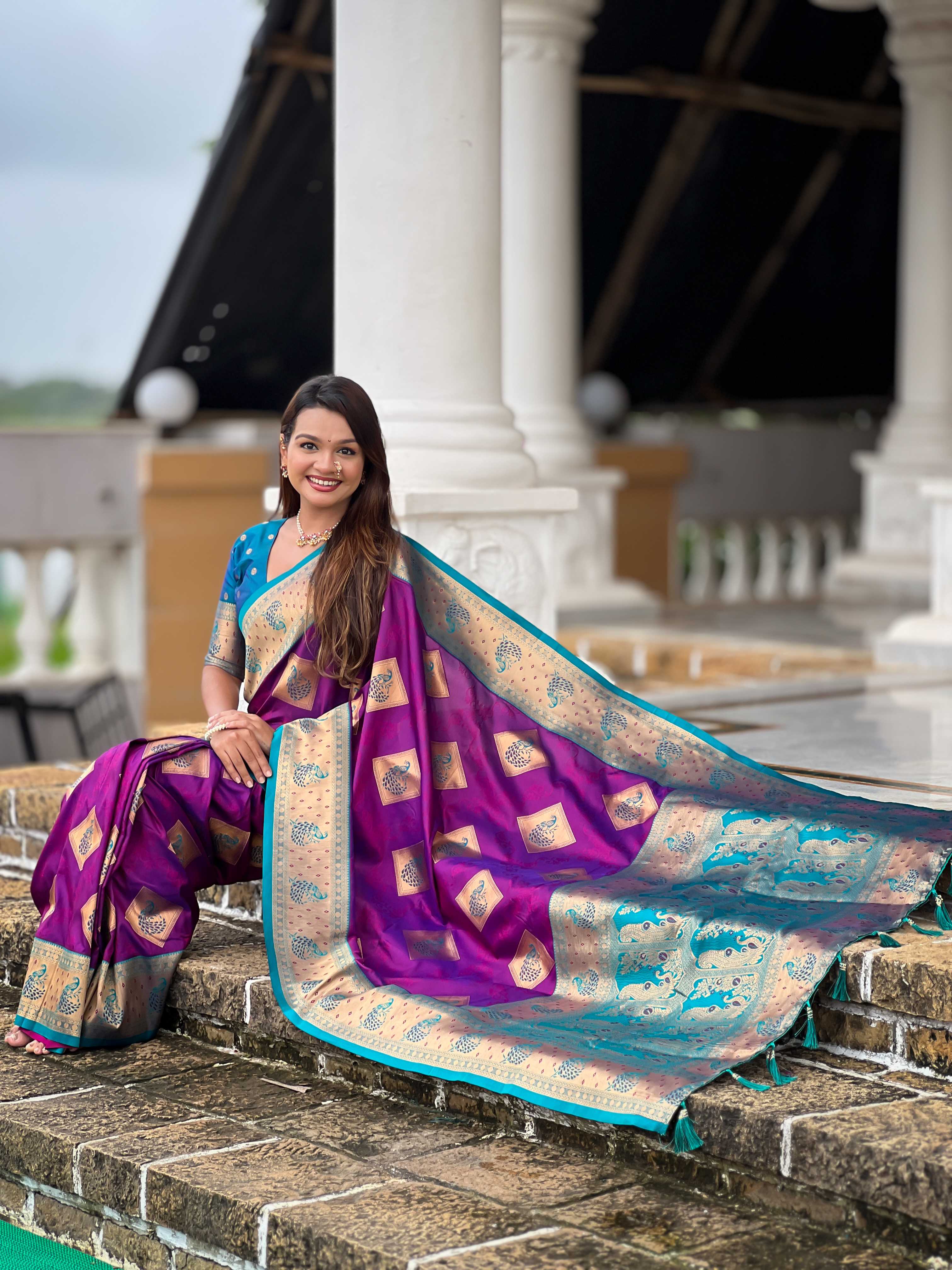 Magenta Soft Banarasi silk saree with zari weaving Meenakari design all over the saree & contrast weawing Rich pallu with contrast weawing border & tessels attached at Pallu End. Blouse :- Soft silk weawing blouse piece