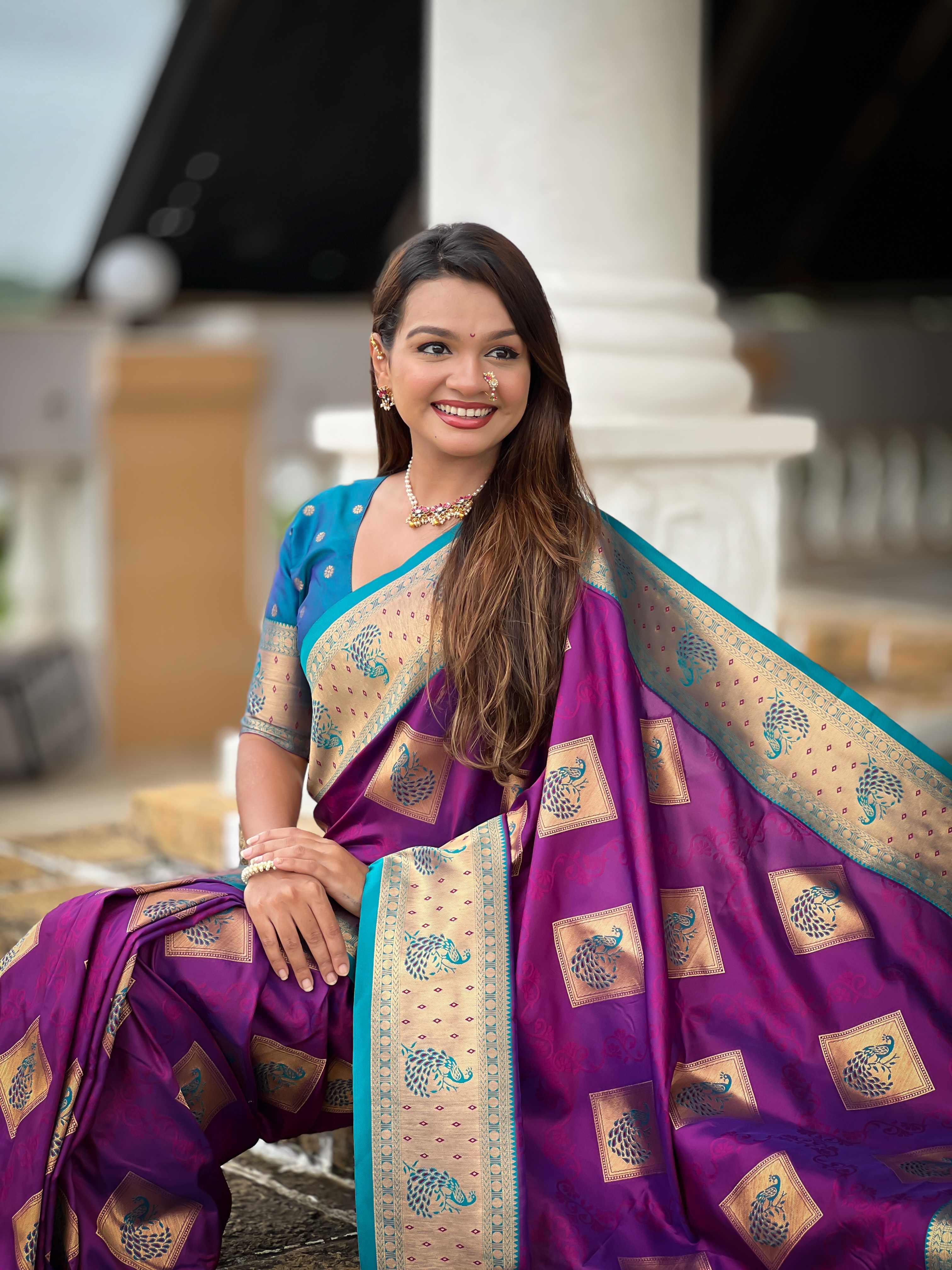 Magenta Soft Banarasi silk saree with zari weaving Meenakari design all over the saree & contrast weawing Rich pallu with contrast weawing border & tessels attached at Pallu End. Blouse :- Soft silk weawing blouse piece