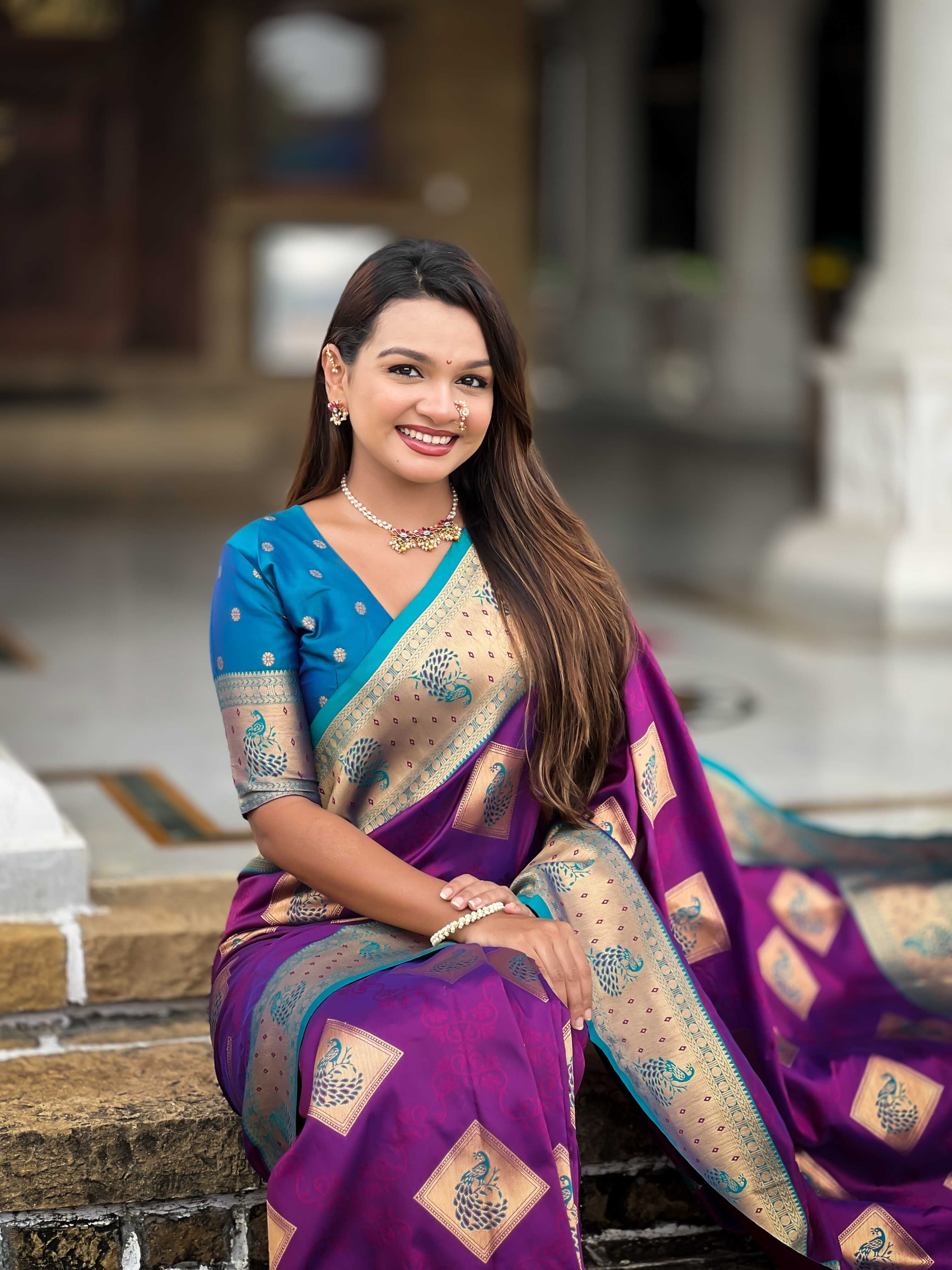 Magenta Soft Banarasi silk saree with zari weaving Meenakari design all over the saree & contrast weawing Rich pallu with contrast weawing border & tessels attached at Pallu End. Blouse :- Soft silk weawing blouse piece