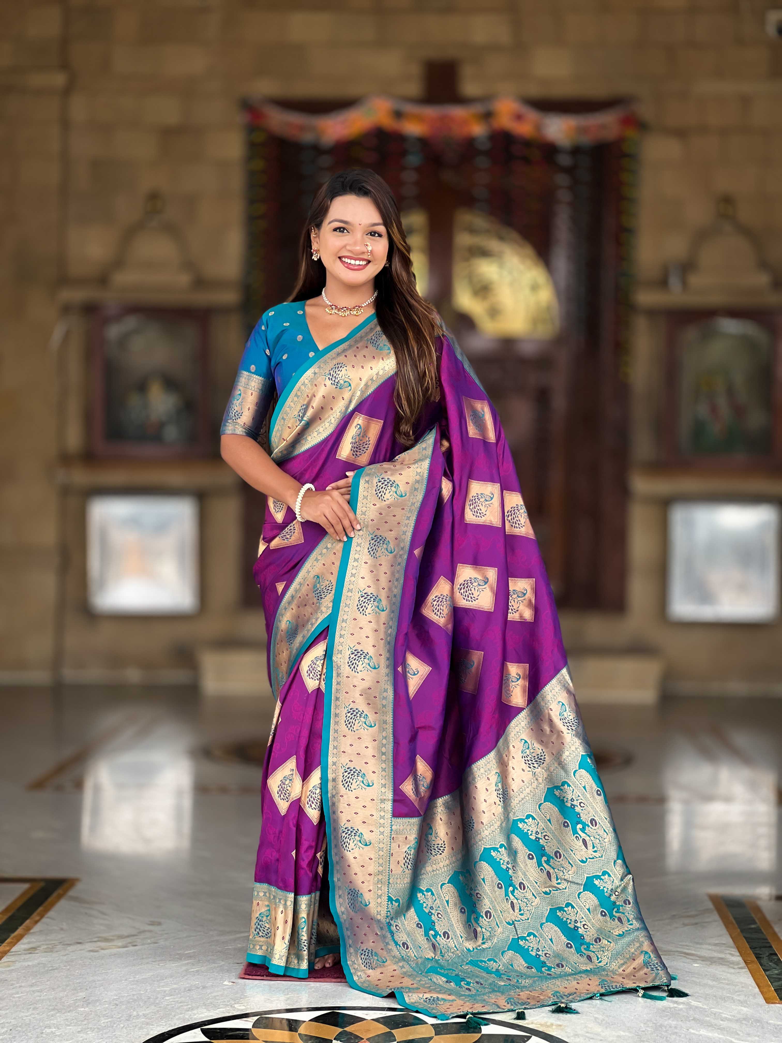 Magenta Soft Banarasi silk saree with zari weaving Meenakari design all over the saree & contrast weawing Rich pallu with contrast weawing border & tessels attached at Pallu End. Blouse :- Soft silk weawing blouse piece