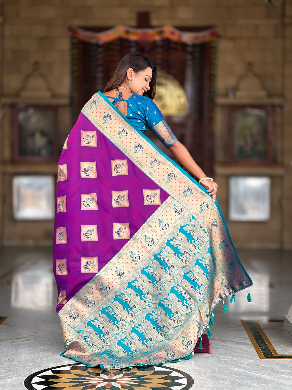Magenta Soft Banarasi silk saree with zari weaving Meenakari design all over the saree & contrast weawing Rich pallu with contrast weawing border & tessels attached at Pallu End. Blouse :- Soft silk weawing blouse piece