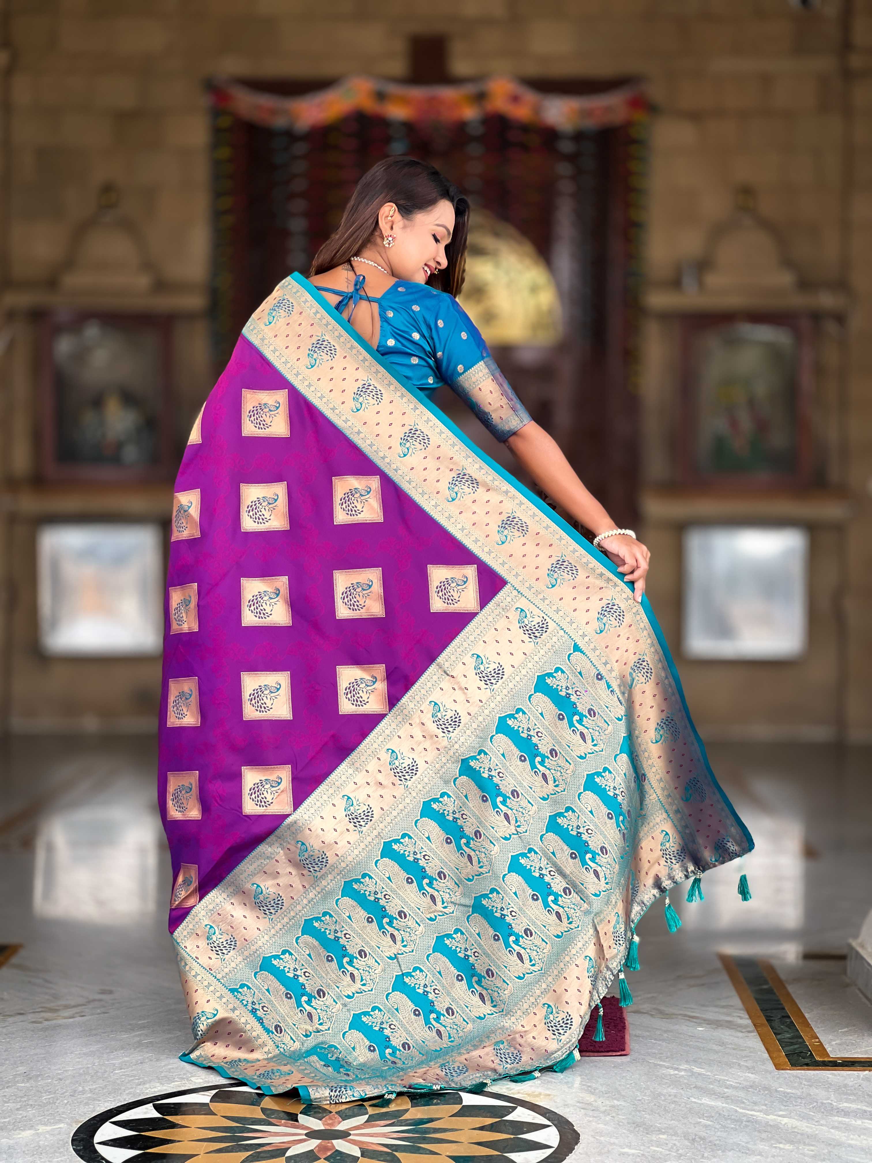Magenta Soft Banarasi silk saree with zari weaving Meenakari design all over the saree & contrast weawing Rich pallu with contrast weawing border & tessels attached at Pallu End. Blouse :- Soft silk weawing blouse piece