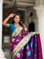 Magenta Soft Banarasi silk saree with zari weaving Meenakari design all over the saree & contrast weawing Rich pallu with contrast weawing border & tessels attached at Pallu End. Blouse :- Soft silk weawing blouse piece