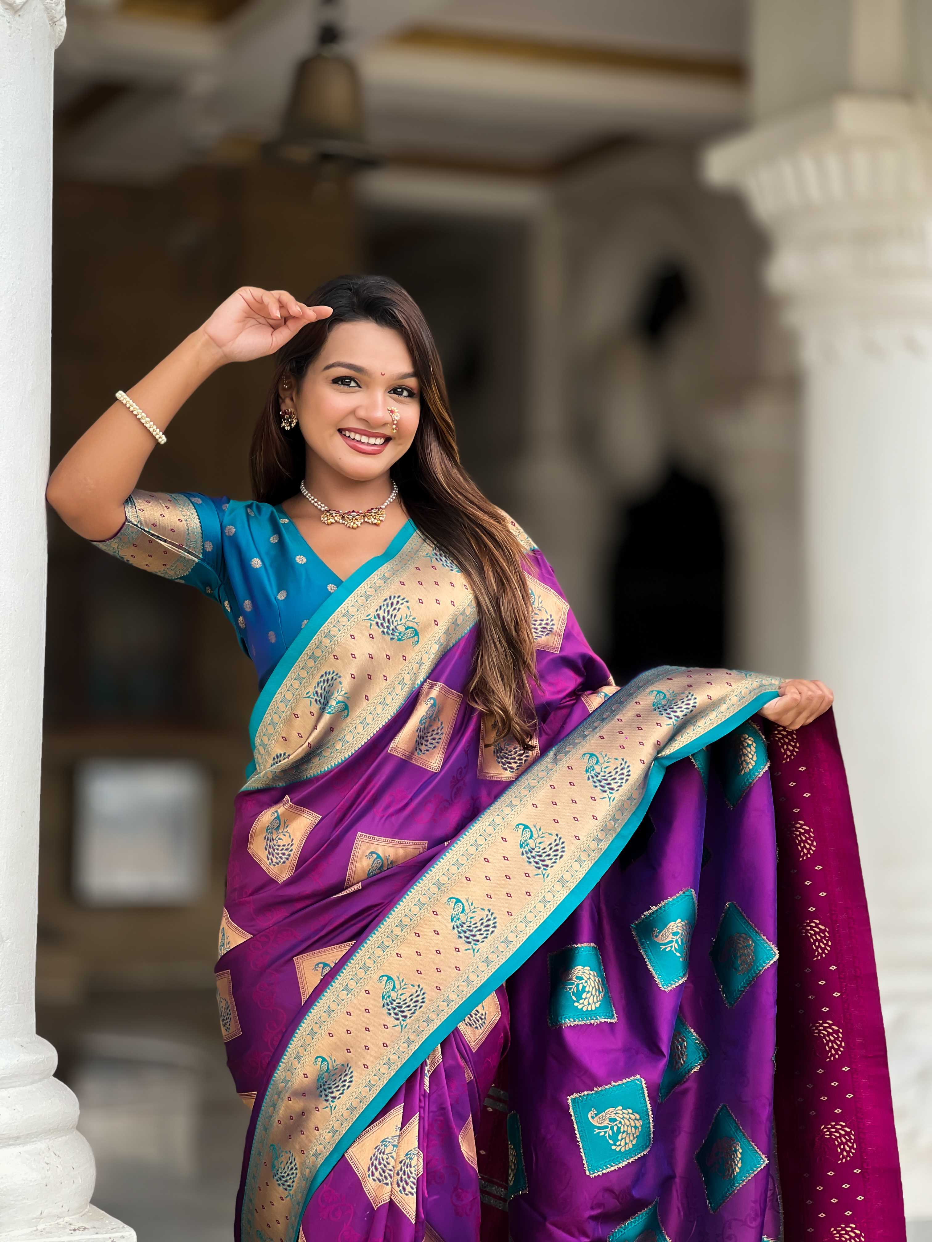 Magenta Soft Banarasi silk saree with zari weaving Meenakari design all over the saree & contrast weawing Rich pallu with contrast weawing border & tessels attached at Pallu End. Blouse :- Soft silk weawing blouse piece