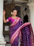 Magenta Soft Banarasi Silk Saree with Meenakari Zari Weaving & Contrast Border