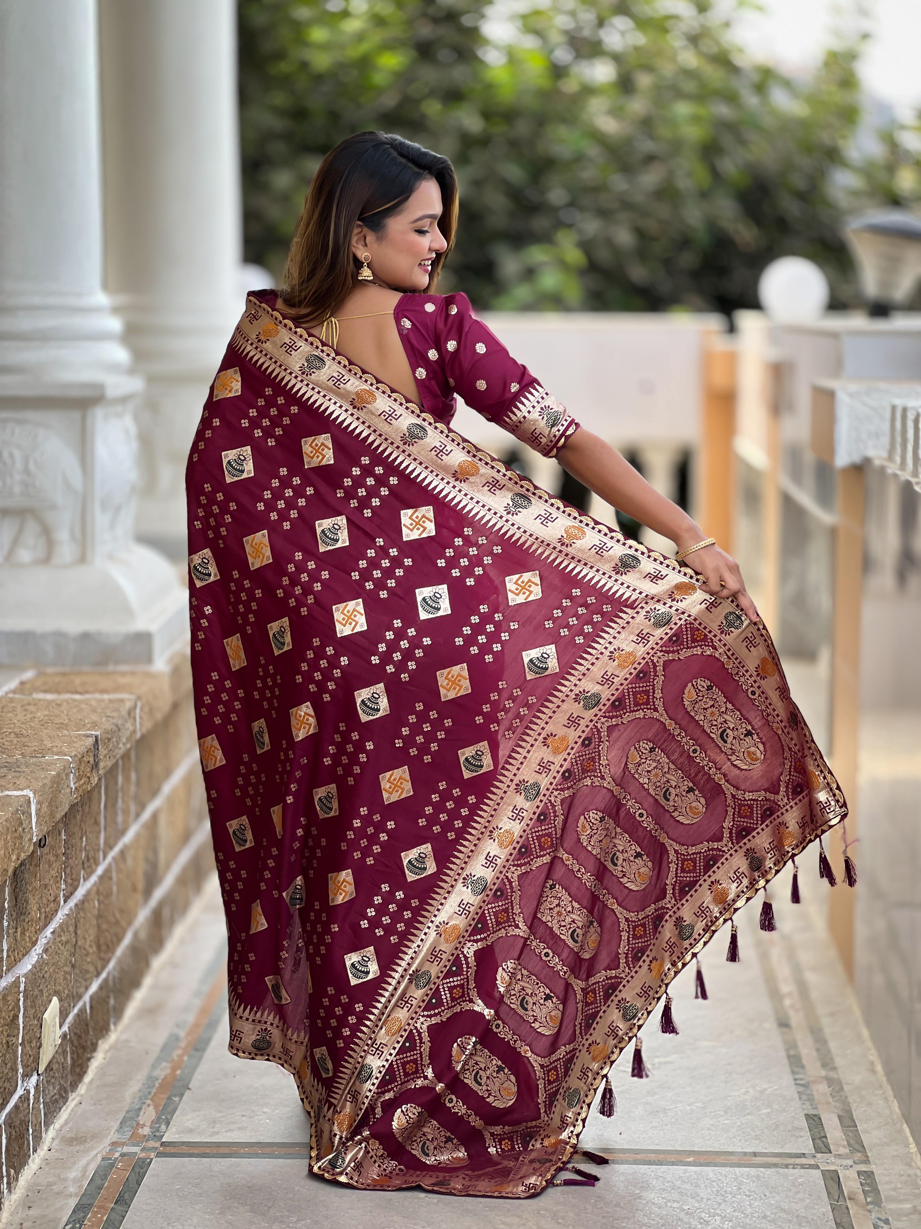 Maroon Varni Fabrics Women Floral Dolla Silk Tassels and Latkans Saree comes With Matching Blouse