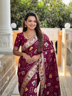 Maroon Varni Fabrics Women Floral Dolla Silk Tassels and Latkans Saree comes With Matching Blouse