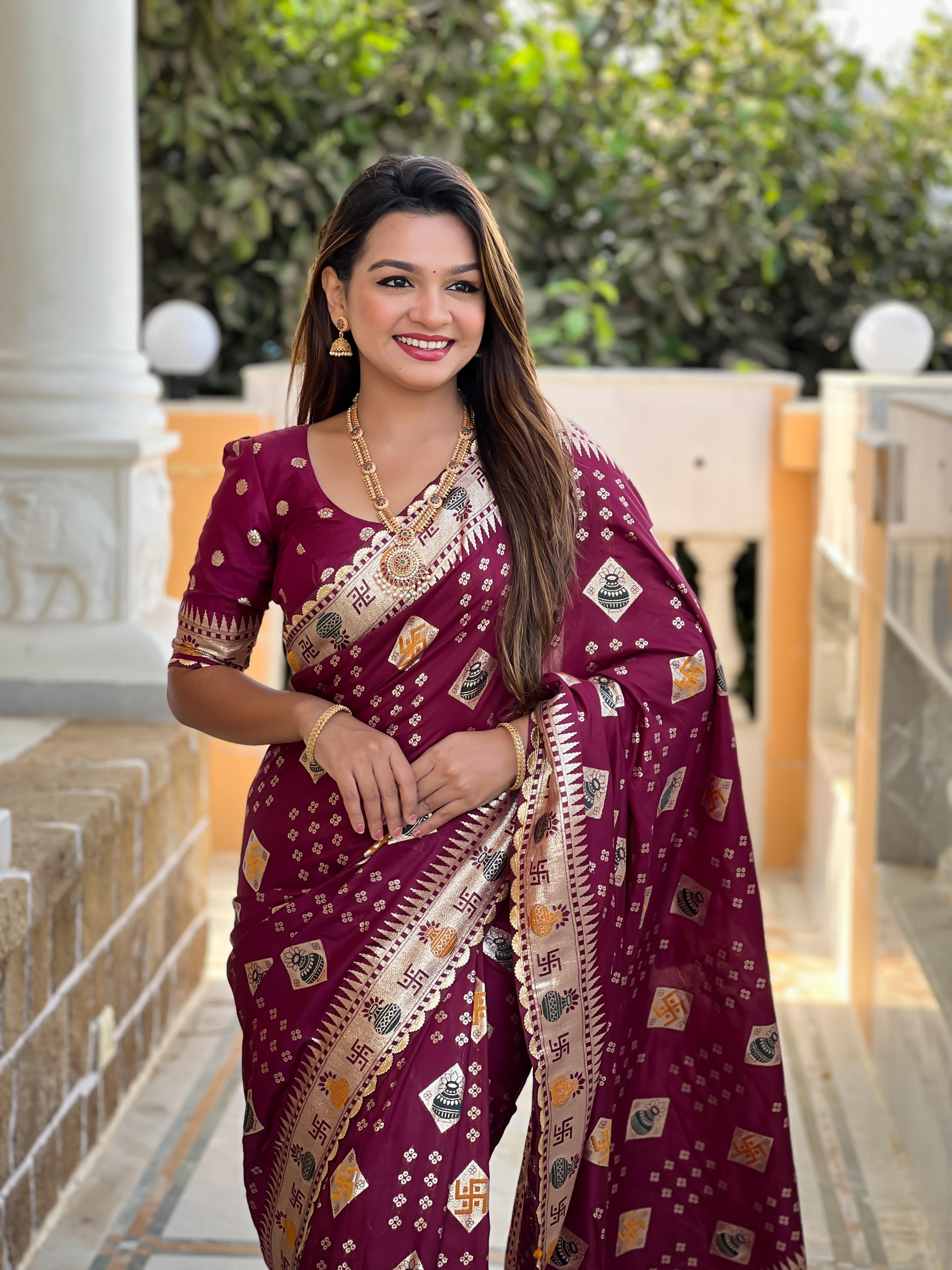 Maroon Varni Fabrics Women Floral Dolla Silk Tassels and Latkans Saree comes With Matching Blouse