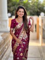 Maroon Varni Fabrics Women Floral Dolla Silk Tassels and Latkans Saree comes With Matching Blouse