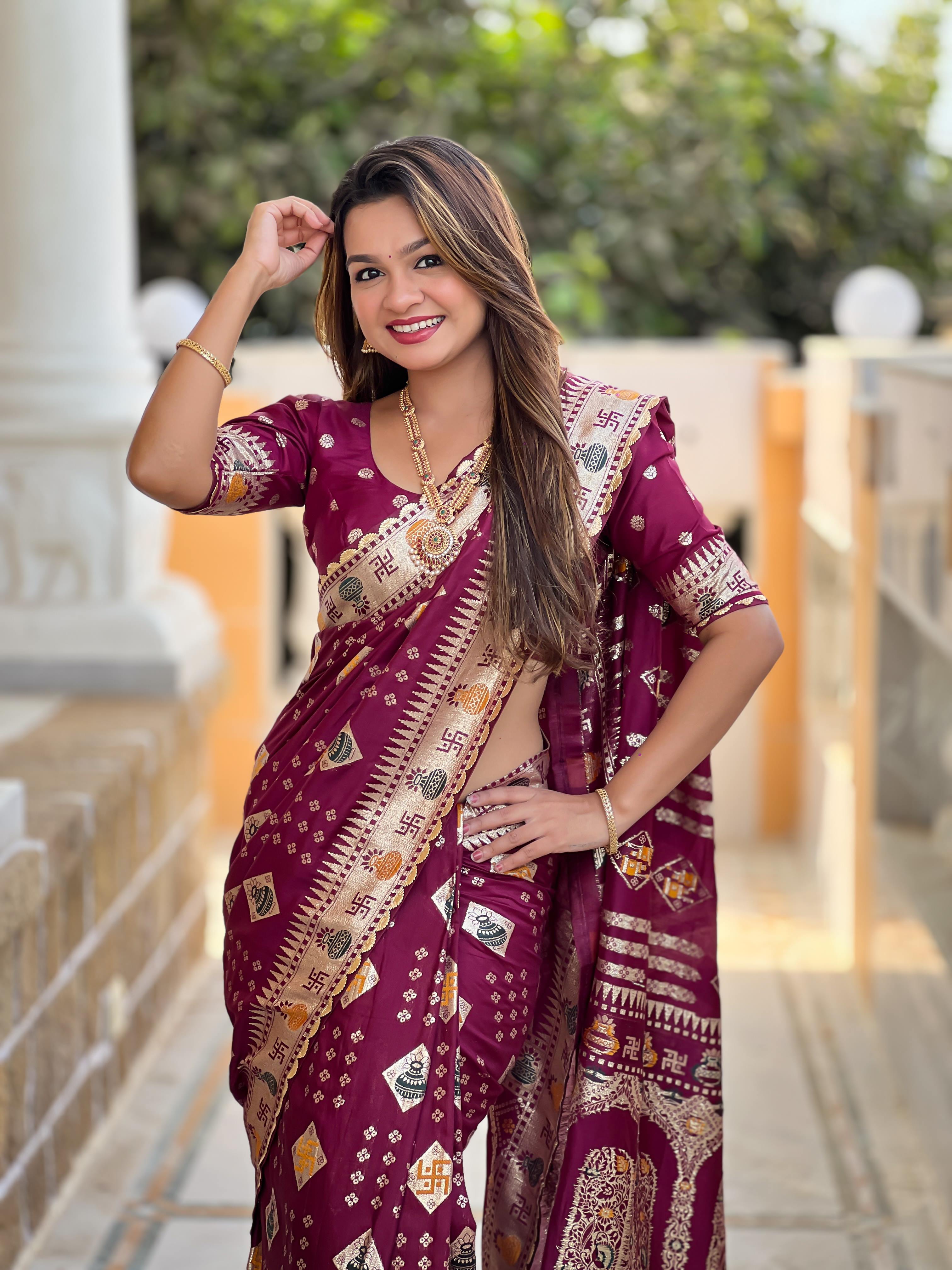 Maroon Varni Fabrics Women Floral Dolla Silk Tassels and Latkans Saree comes With Matching Blouse